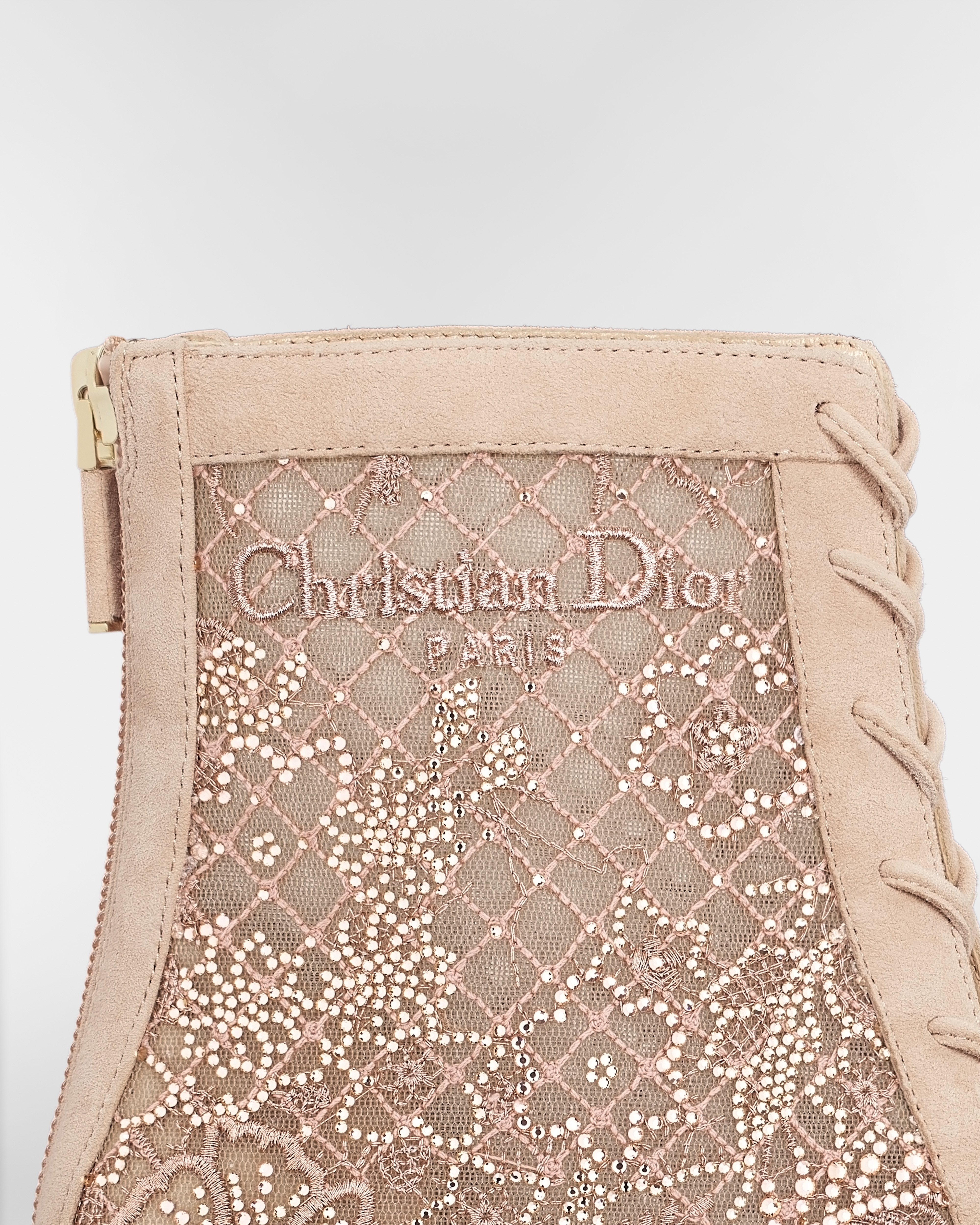 Naughtily-D Heeled Ankle Boot Transparent Mesh Embroidered with Millefiori Motif in Nude Strass E09