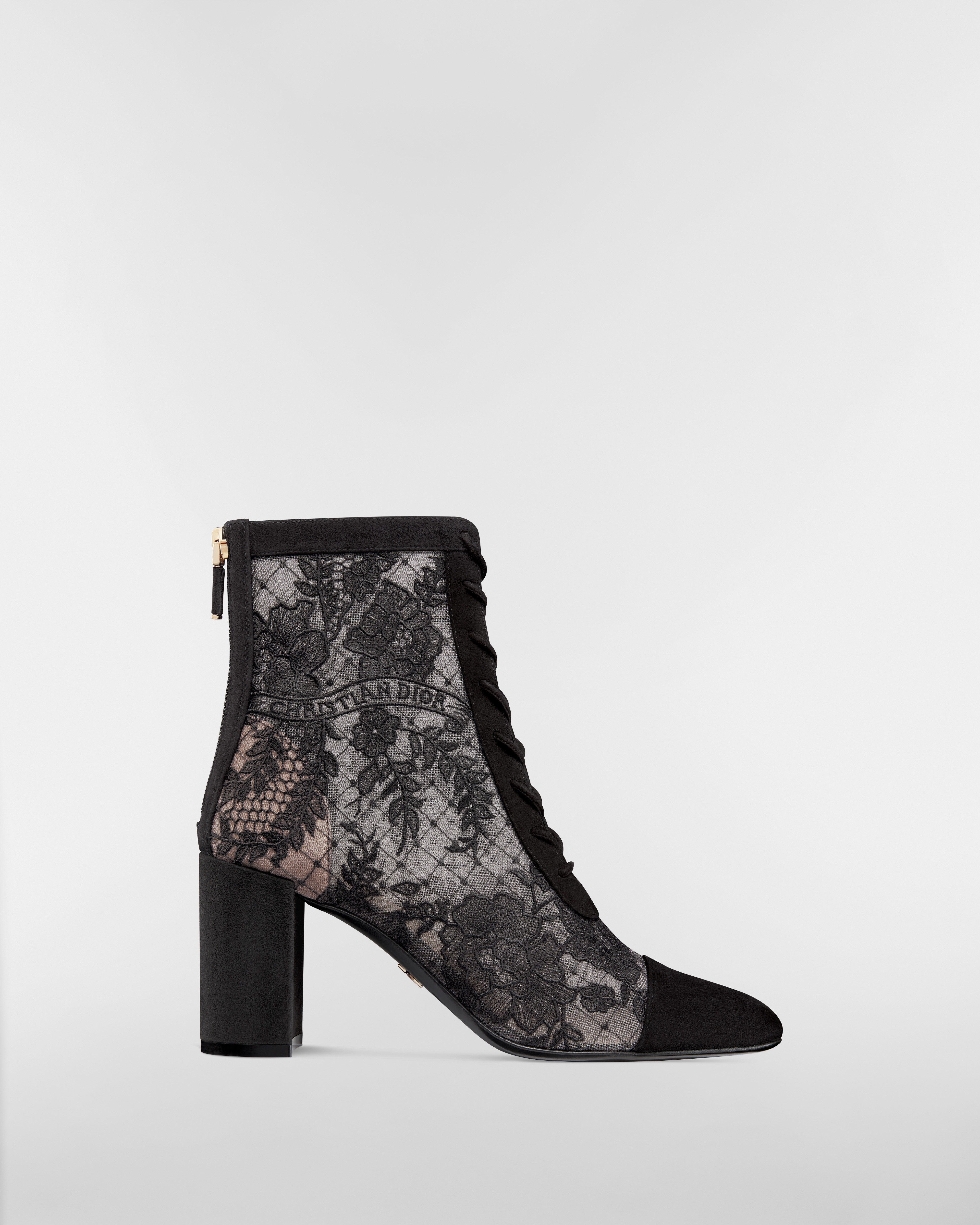 Naughtily-D Heeled Ankle Boot Transparent Mesh with Black Dior Roses Embroidery and Suede Goatskin E02