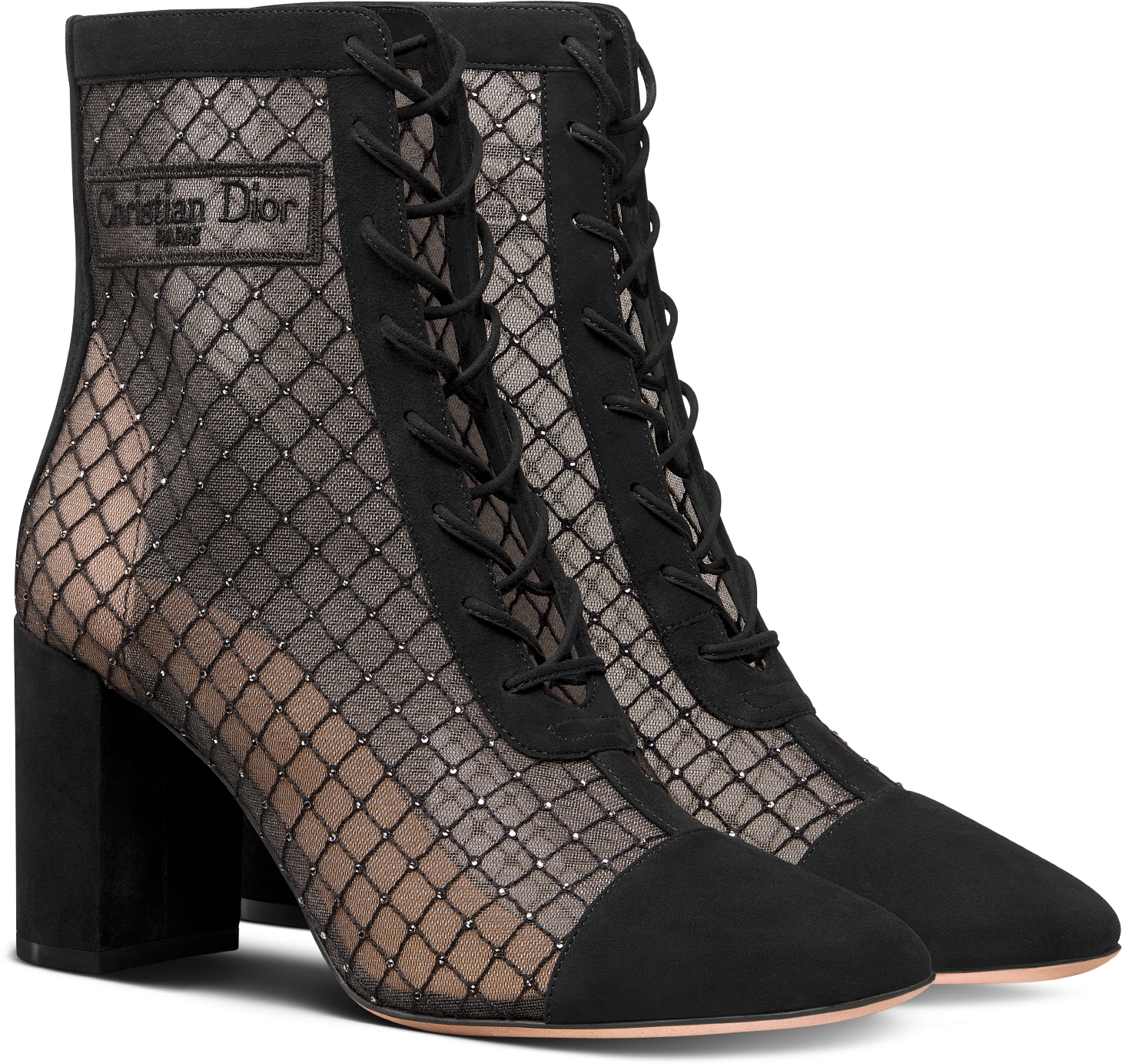 Naughtily D Heeled Ankle Boot Transparent Mesh Embroidered with Silver Tone Strass and Black Suede Goatskin DIOR