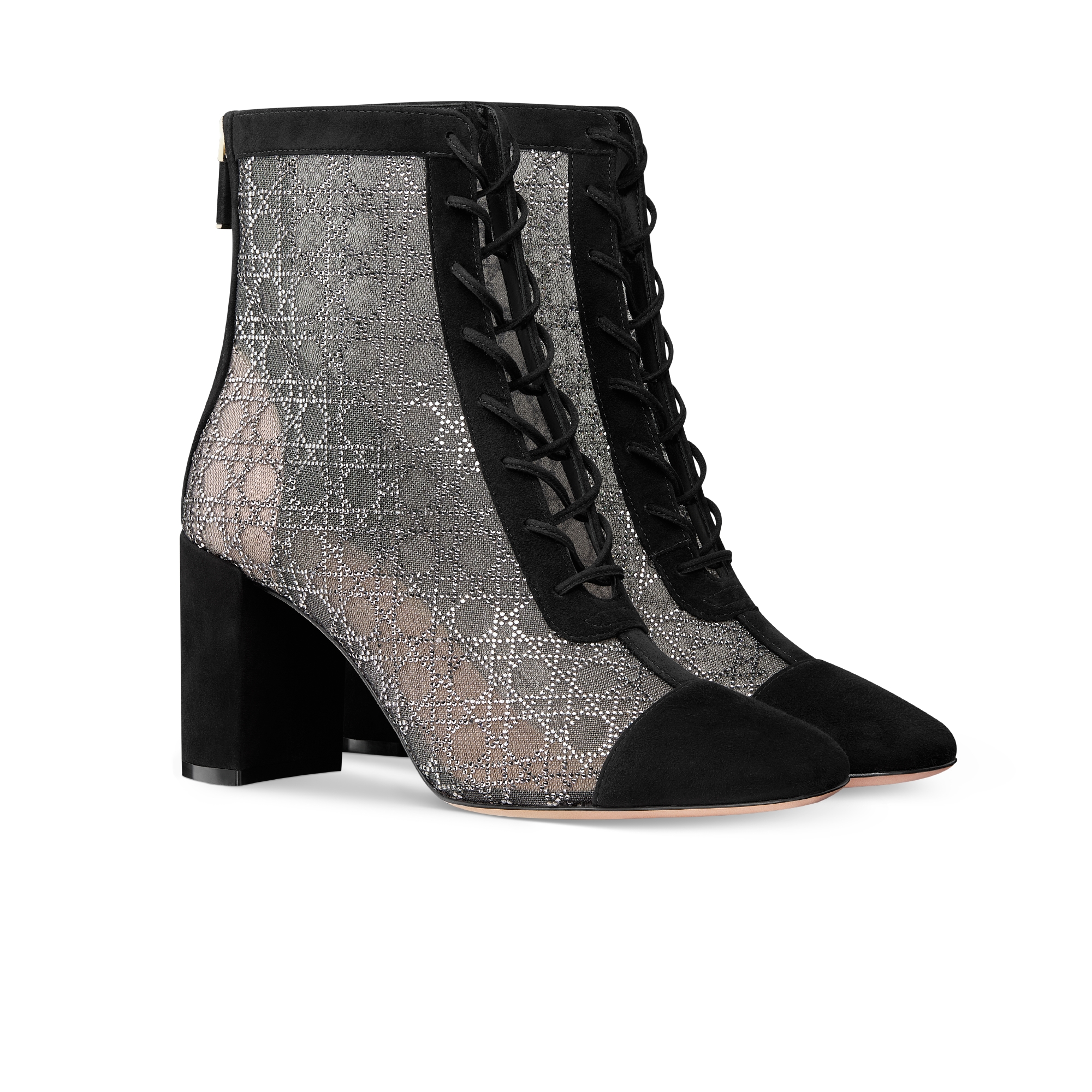 جزمة الكاحل Naughtily-D بكعب قماش شبكي شفاف بنمط كاناج مع حبات ستراس فضية اللون وجلد الماعز الأسود المعالج بأسلوب سويد E03