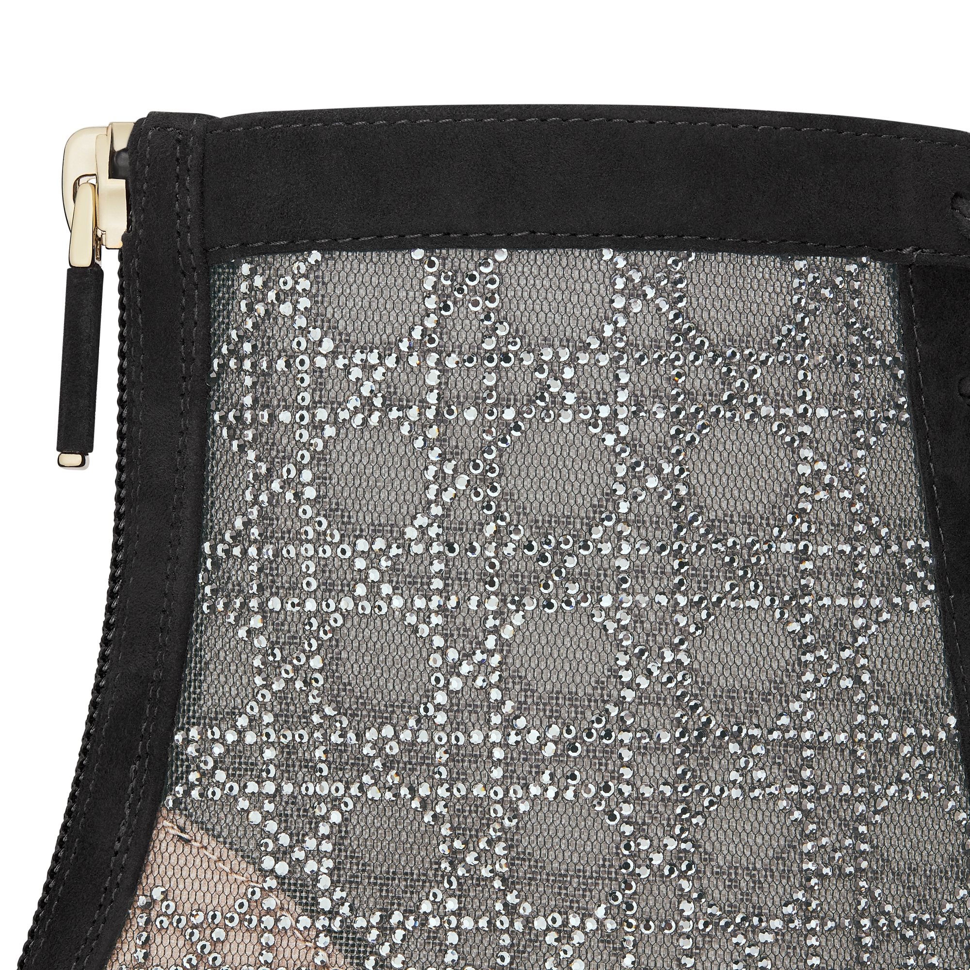 جزمة الكاحل Naughtily-D بكعب قماش شبكي شفاف بنمط كاناج مع حبات ستراس فضية اللون وجلد الماعز الأسود المعالج بأسلوب سويد E09