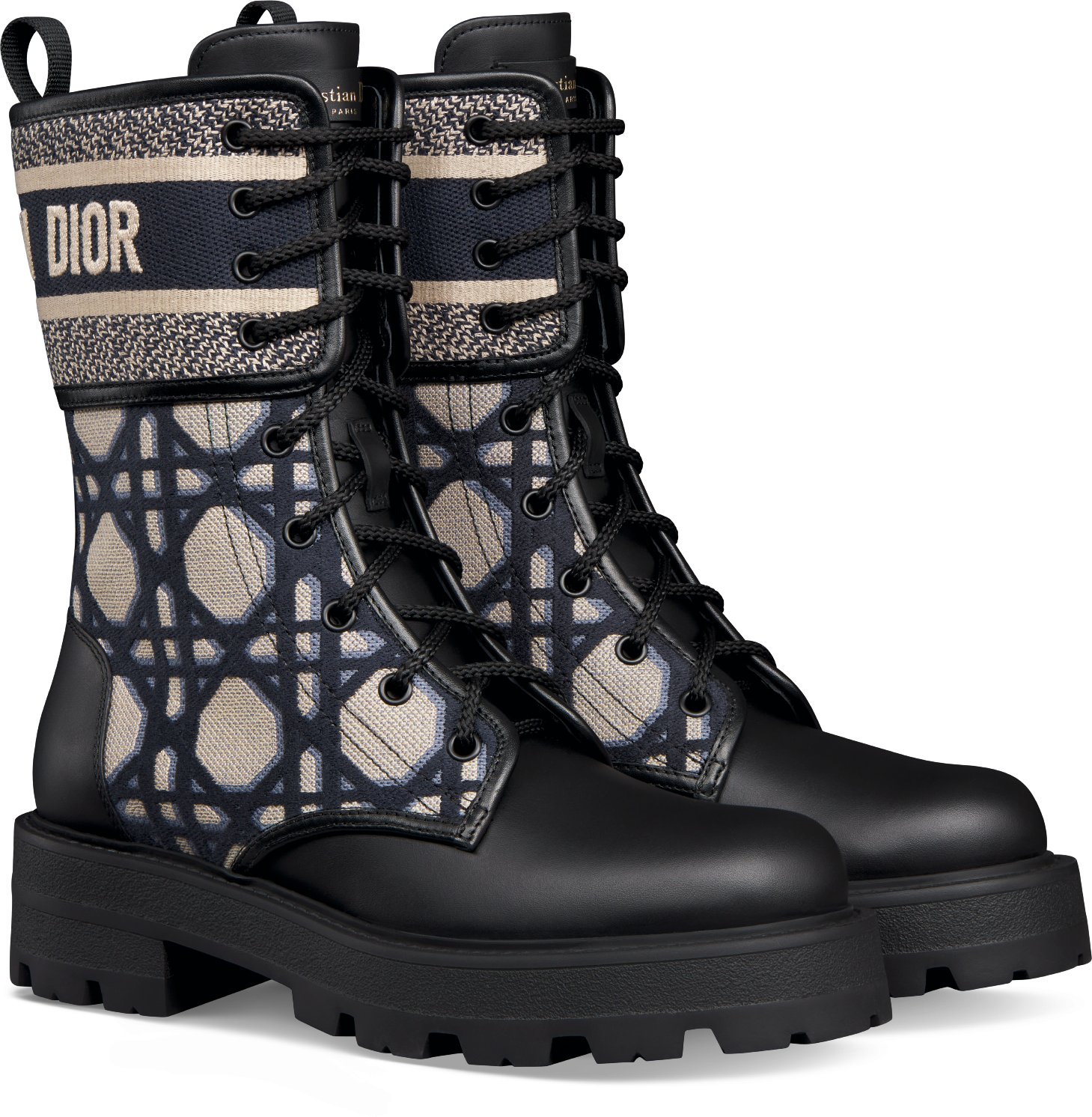 D Major Ankle Boot Black Calfskin with Deep Blue and Beige Embroidered Cannage Cotton DIOR