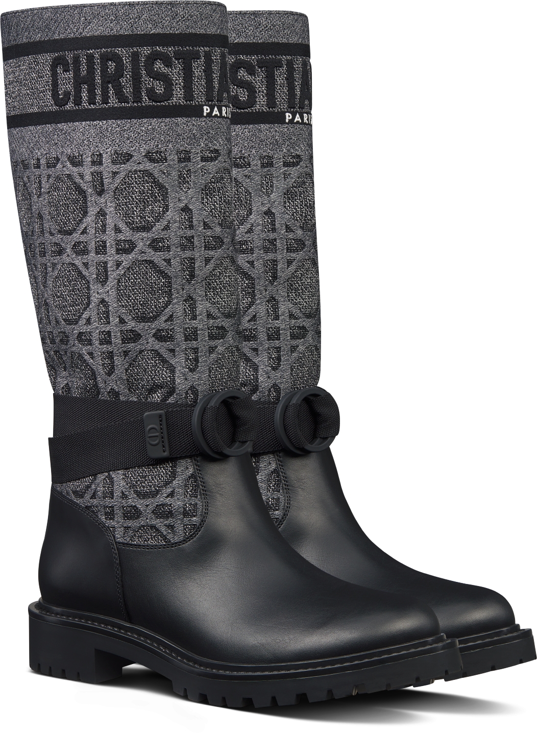 D Major Boot Black Calfskin with Gray Embroidered Cannage Cotton DIOR