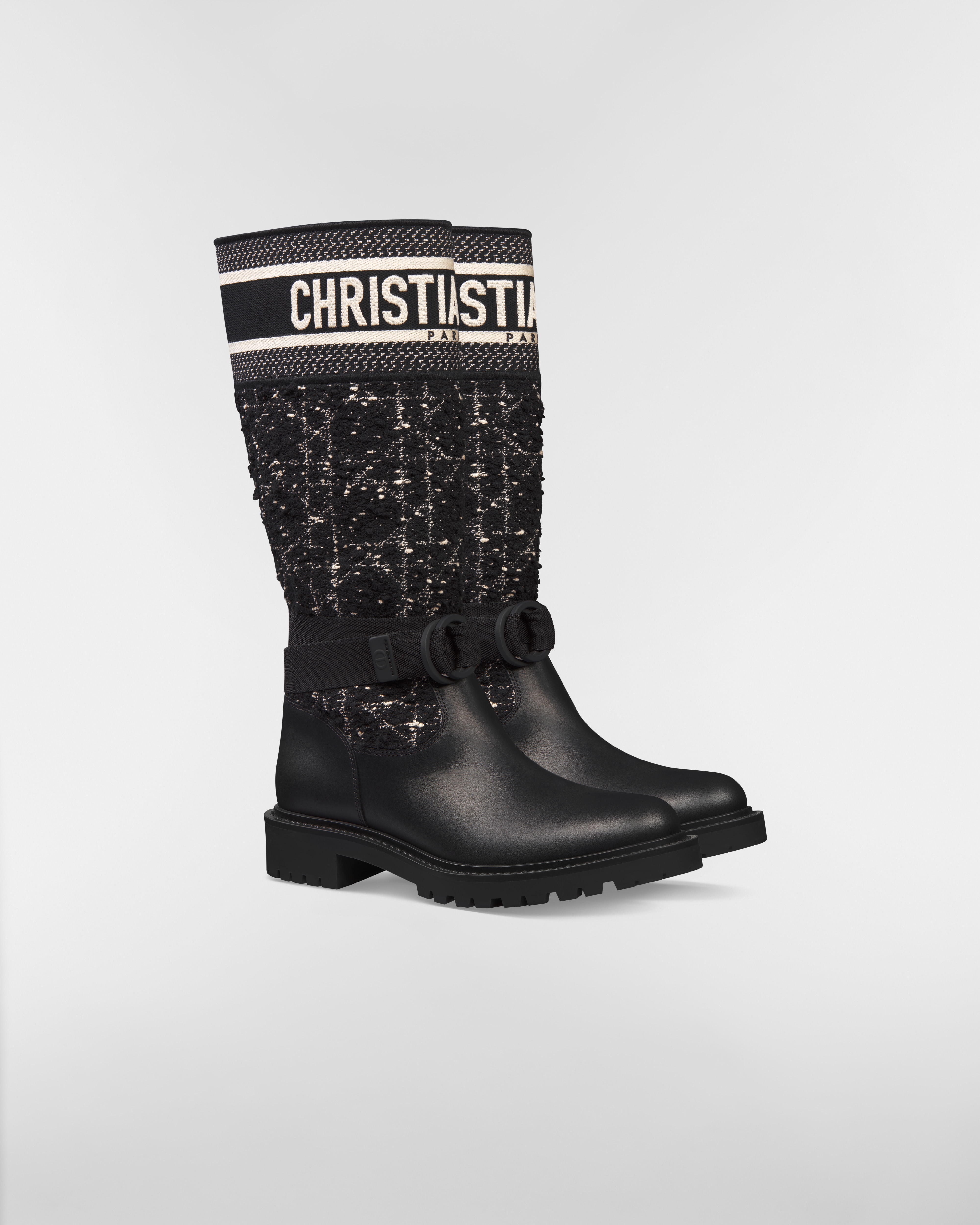 D-Major-laars Zwart en wit tweed met Cannage-motief en zwart kalfsleer E03