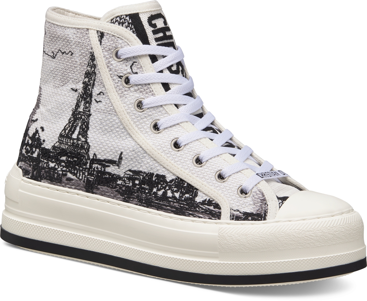 Walk n Dior High Top Platform Sneaker Cotton Embroidered with White and Black Paris Motif DIOR