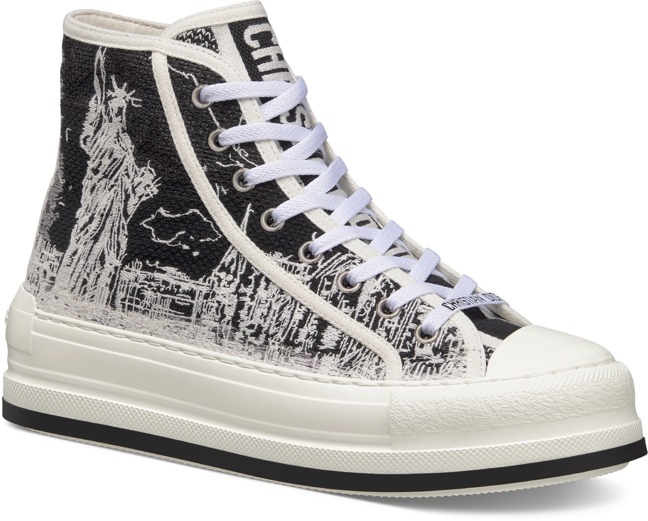 DIOR Walk N Dior High Top Platform Sneaker Cotton Embroidered With Black And White New York Motif Size 37 Women