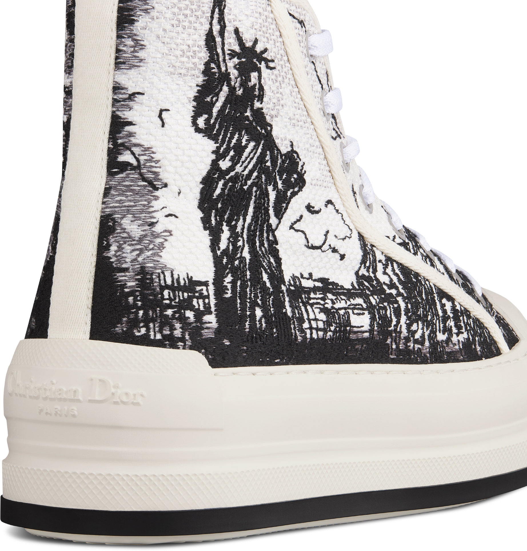 Walk n Dior High Top Platform Sneaker U.S. Exclusive Cotton Embroidered with White and Black New York Motif DIOR