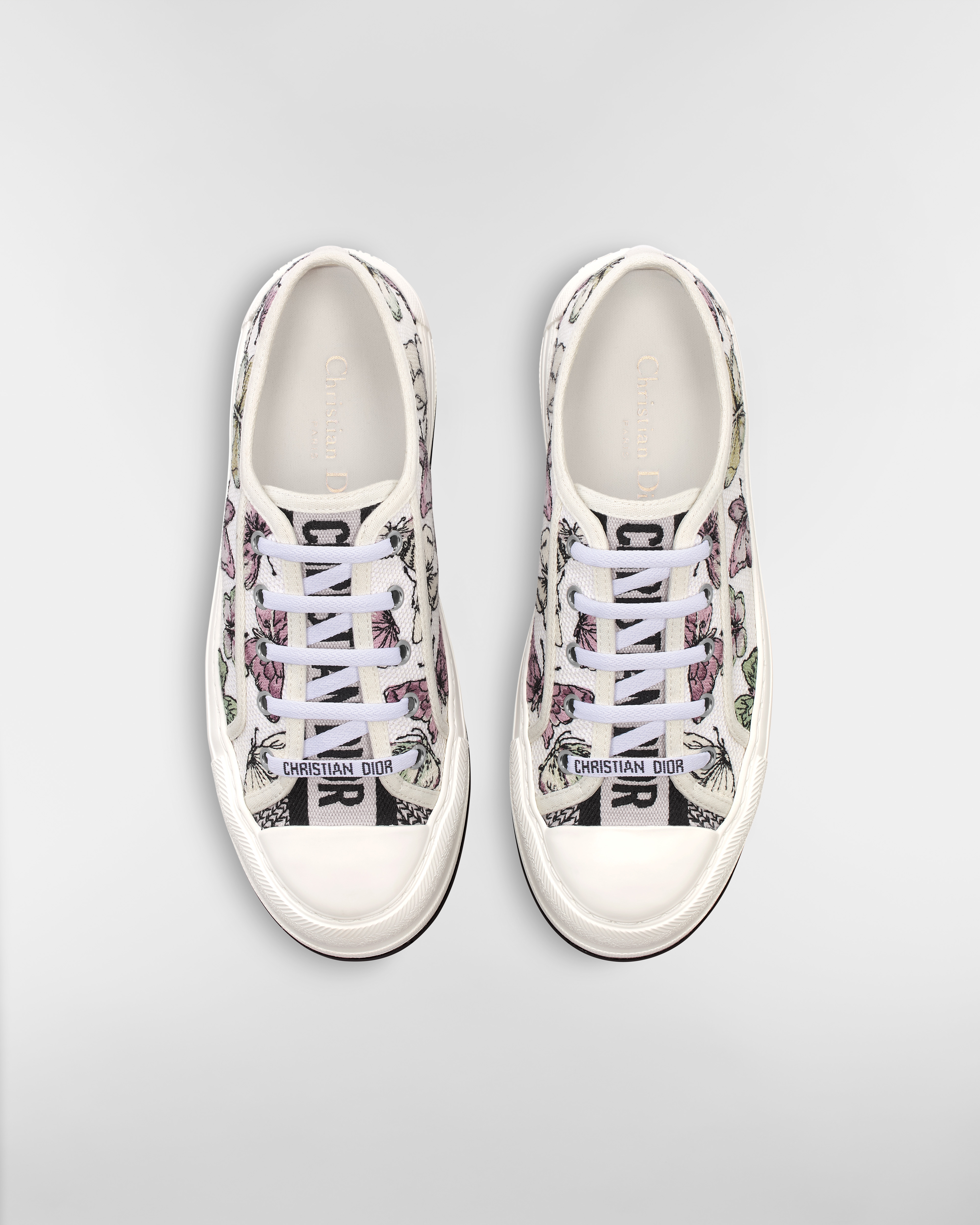 Walk'n'Dior Plateausneaker Bestickte Baumwolle mit Butterfly Motiv in Weiß und Lila E06
