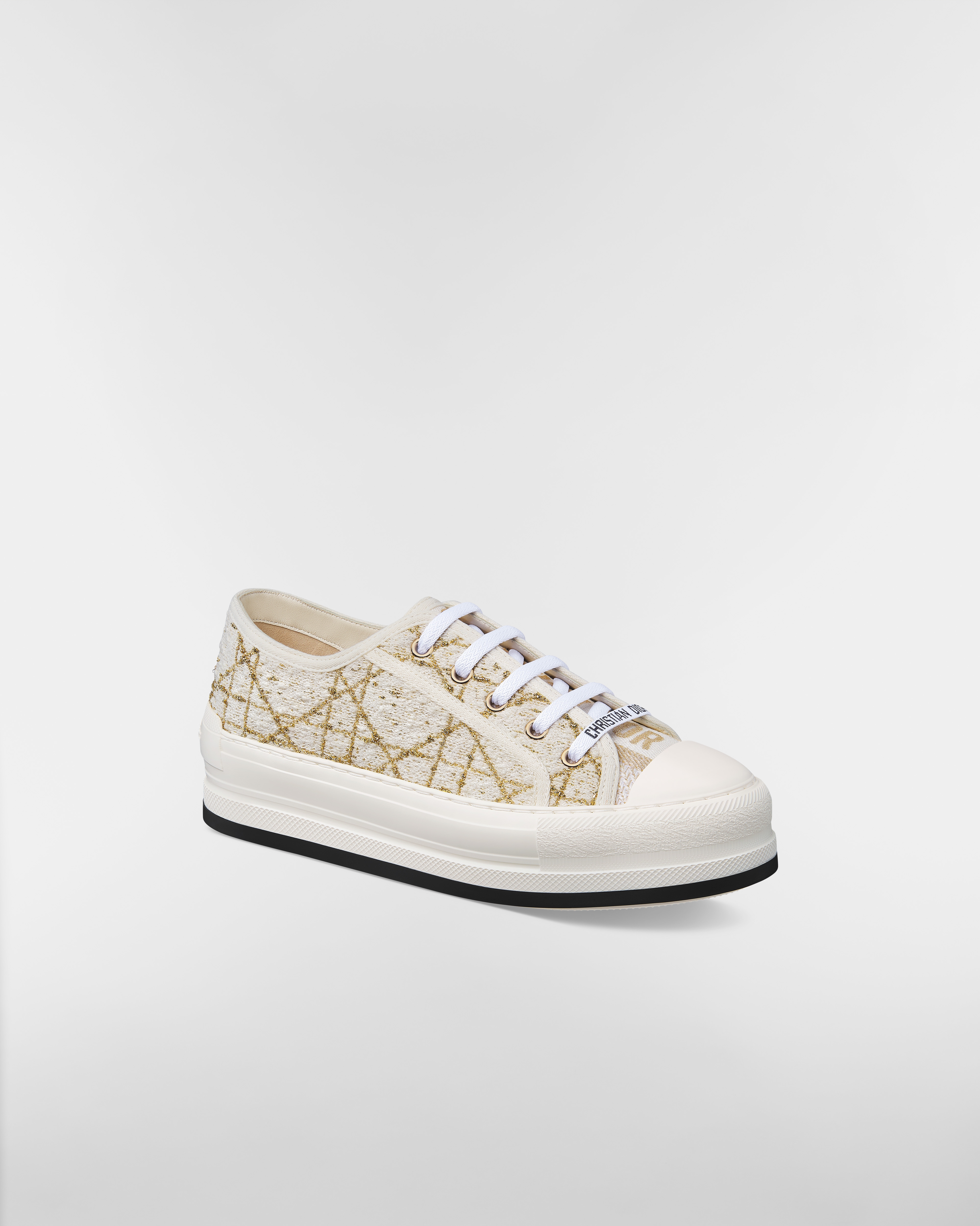 Walk'n'Dior Plateausneaker Cannage Tweed in Weiß und Metallfaden in Goldfarbe E03