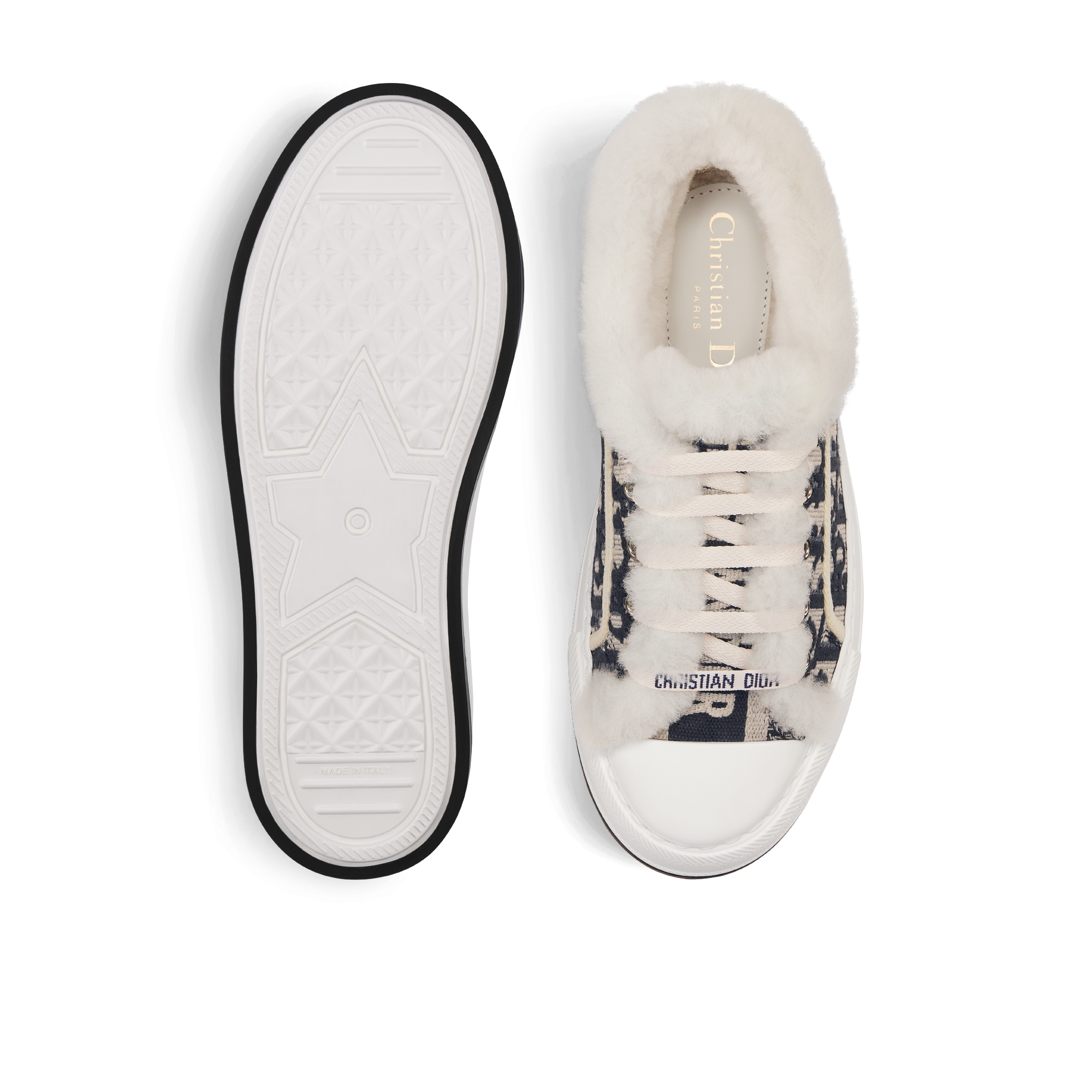 Walk'n'Dior-sneaker met plateauzool Diepblauw katoen geborduurd met het Dior Oblique-motief en witte schapenwol E07