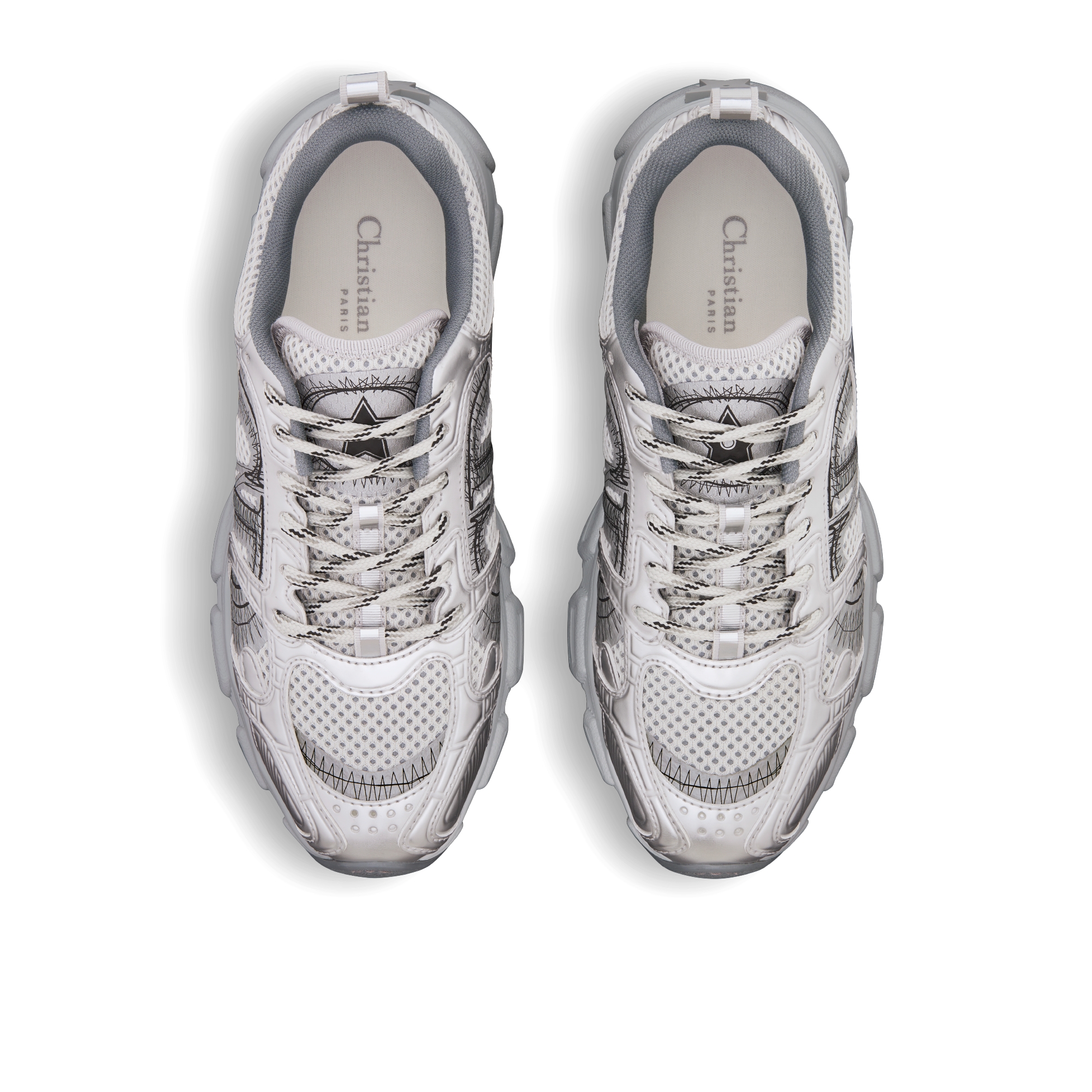 Dior Chrono 스니커즈 그레이 메시 & 실버 톤 래미네이트 레더-이펙트 패널 E06