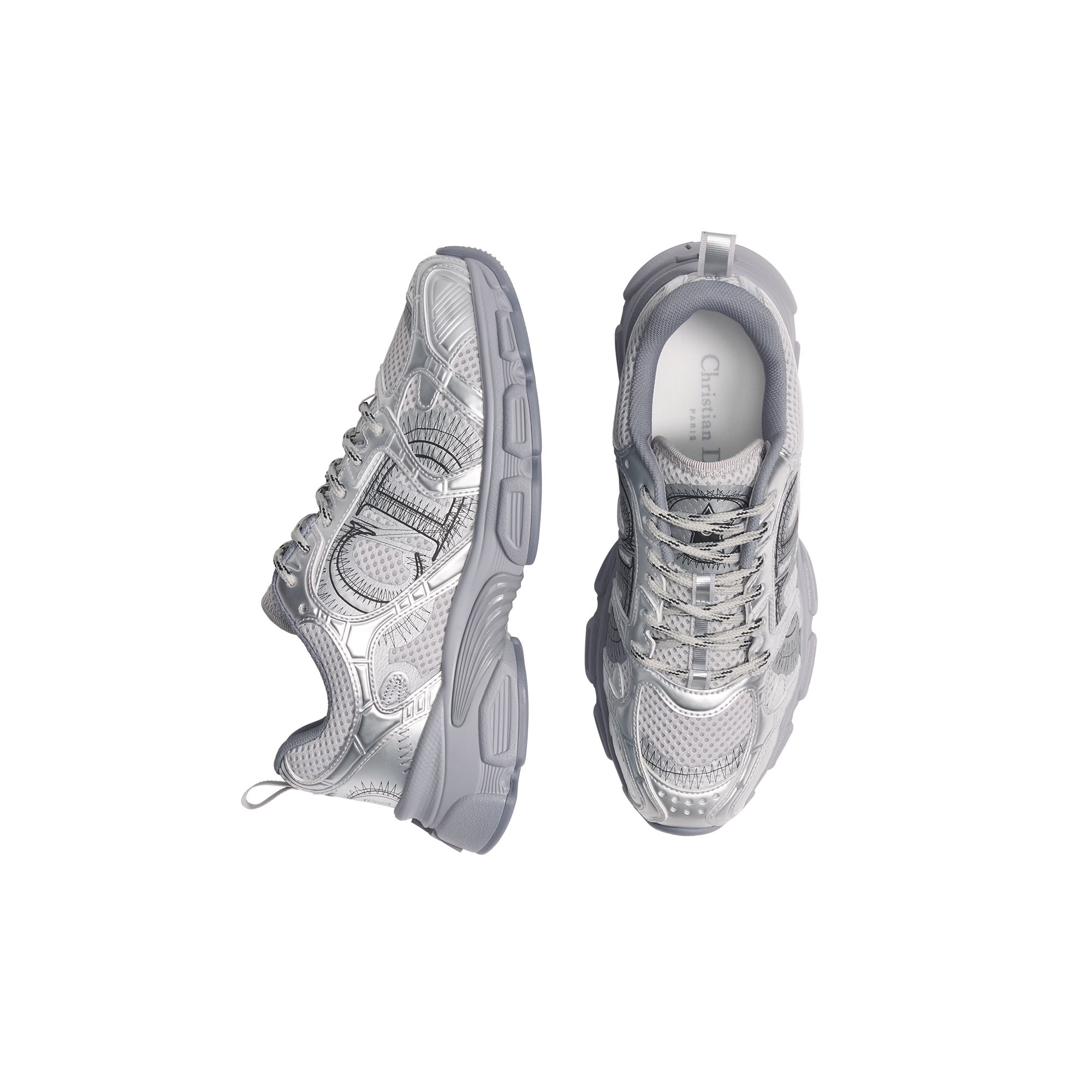 Dior Chrono Sneaker Gray Mesh with Silver-Tone Laminated Leather-Effect Panels E06