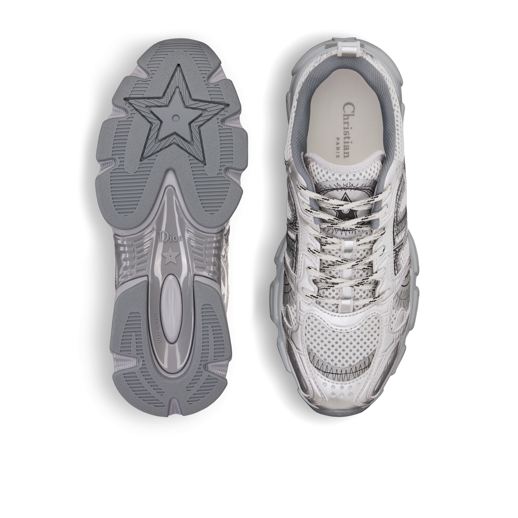 Dior Chrono 스니커즈 그레이 메시 & 실버 톤 래미네이트 레더-이펙트 패널 E07