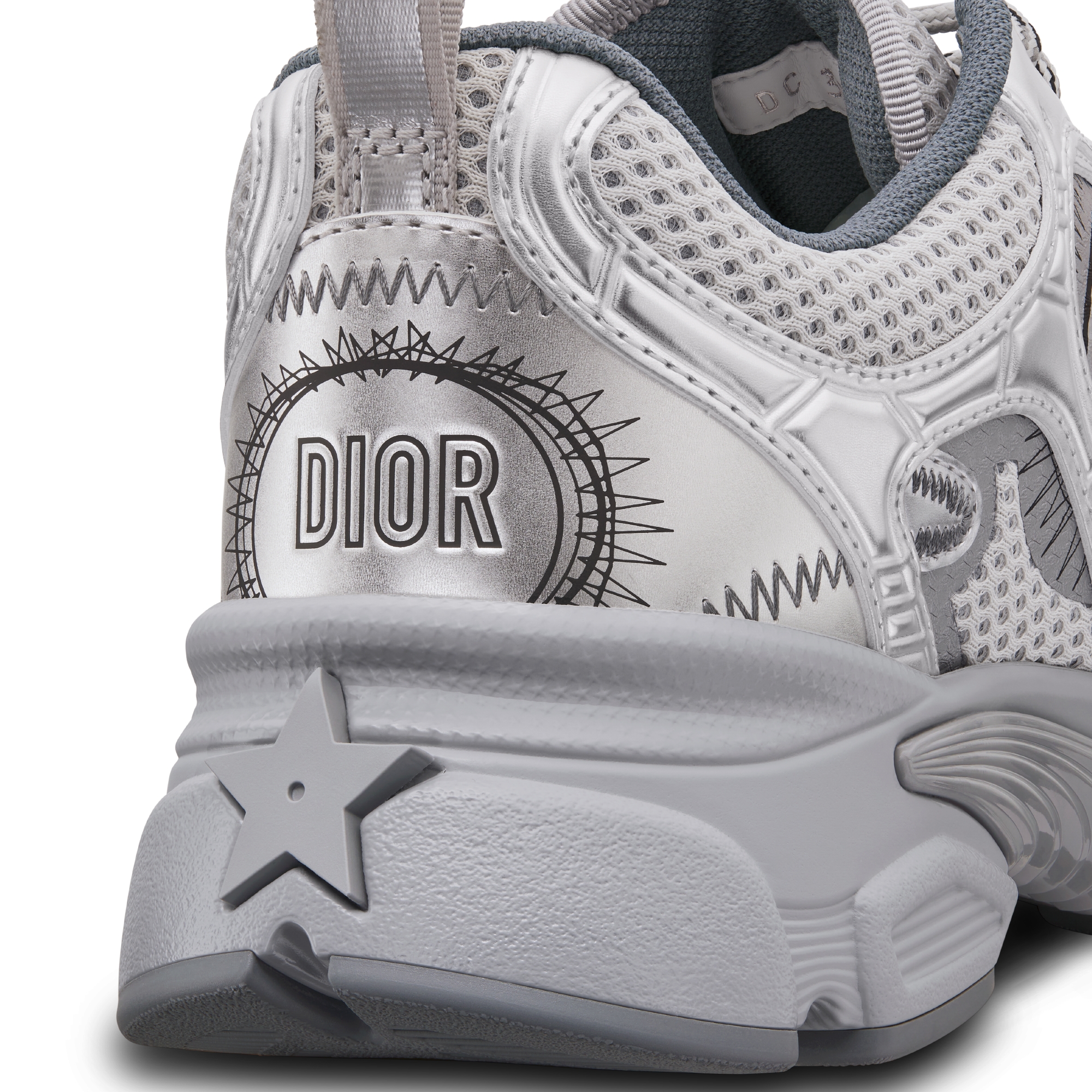 Dior Chrono 스니커즈 그레이 메시 & 실버 톤 래미네이트 레더-이펙트 패널 E09