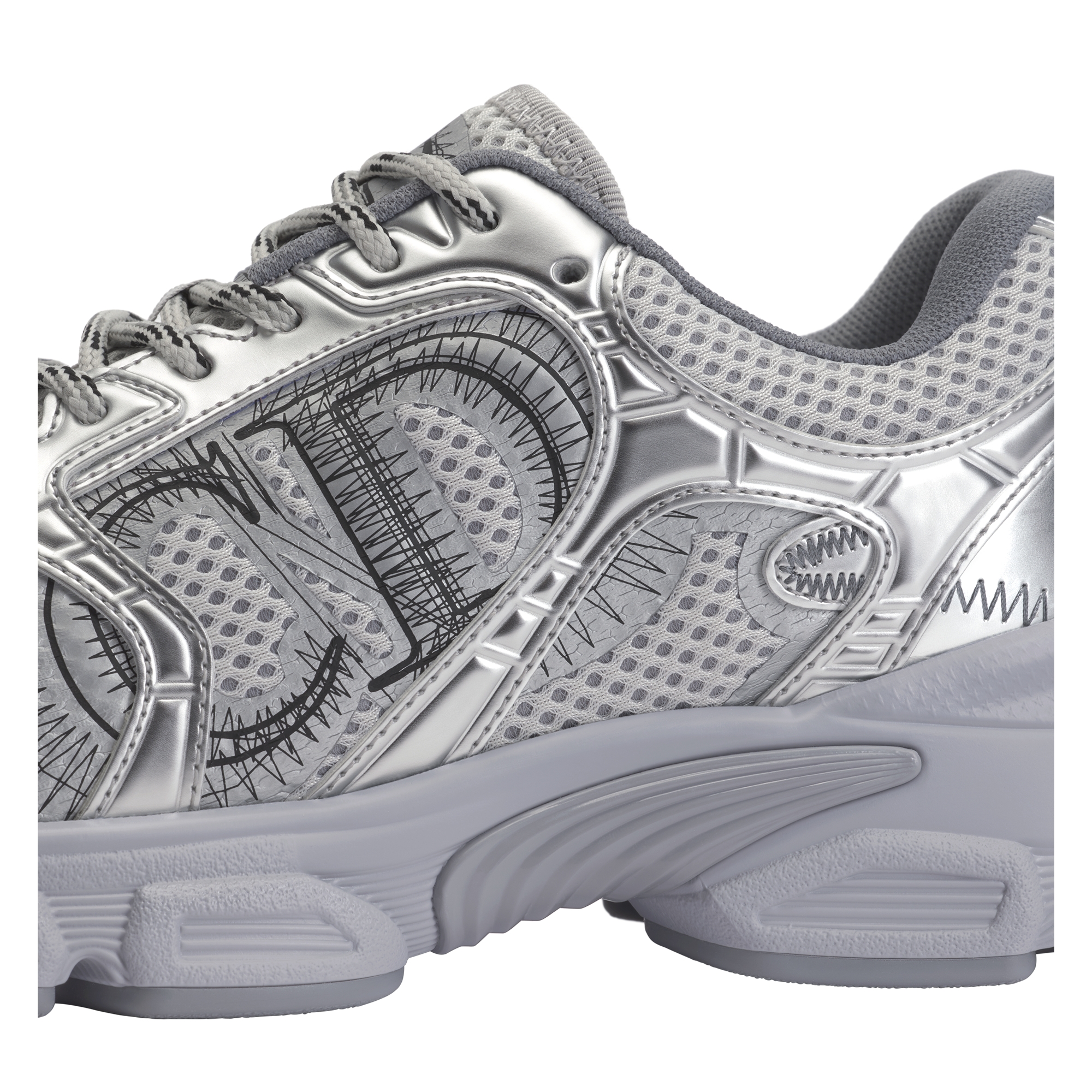 Dior Chrono Sneaker Gray Mesh with Silver-Tone Laminated Leather-Effect Panels E09