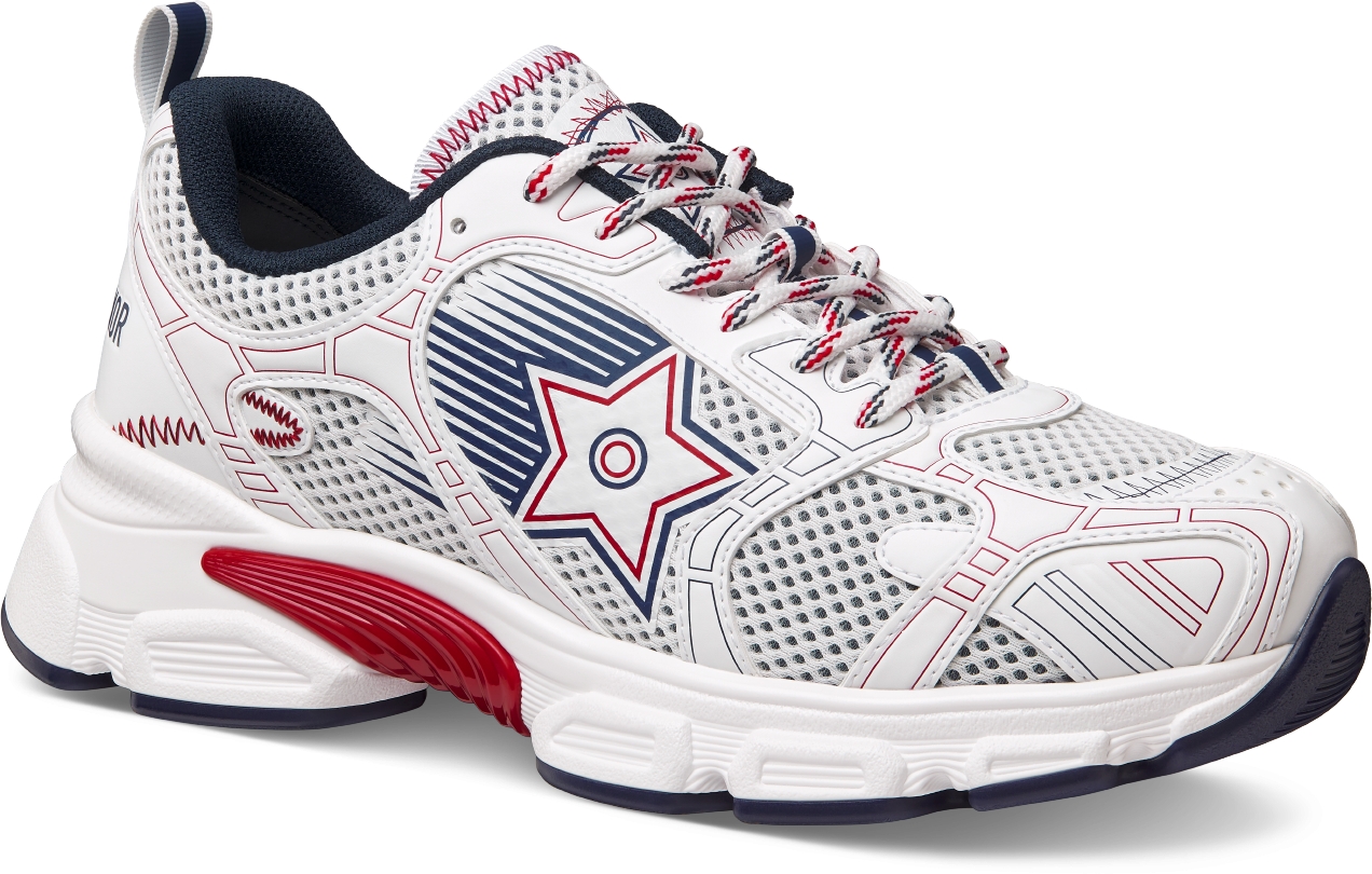 Dior Vibe Sneaker White Mesh Leather Effect Inserts and Blue White and Red Etoile Motif DIOR