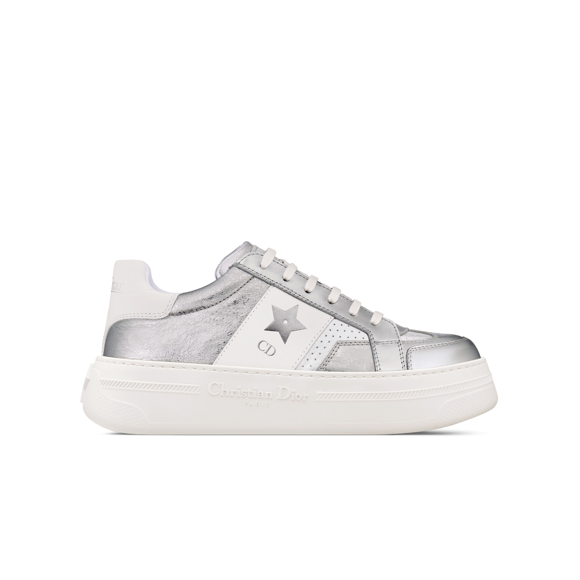 Dior Star Platform Sneaker Silver-Tone Crinkled-Effect Lambskin and White Calfskin E02