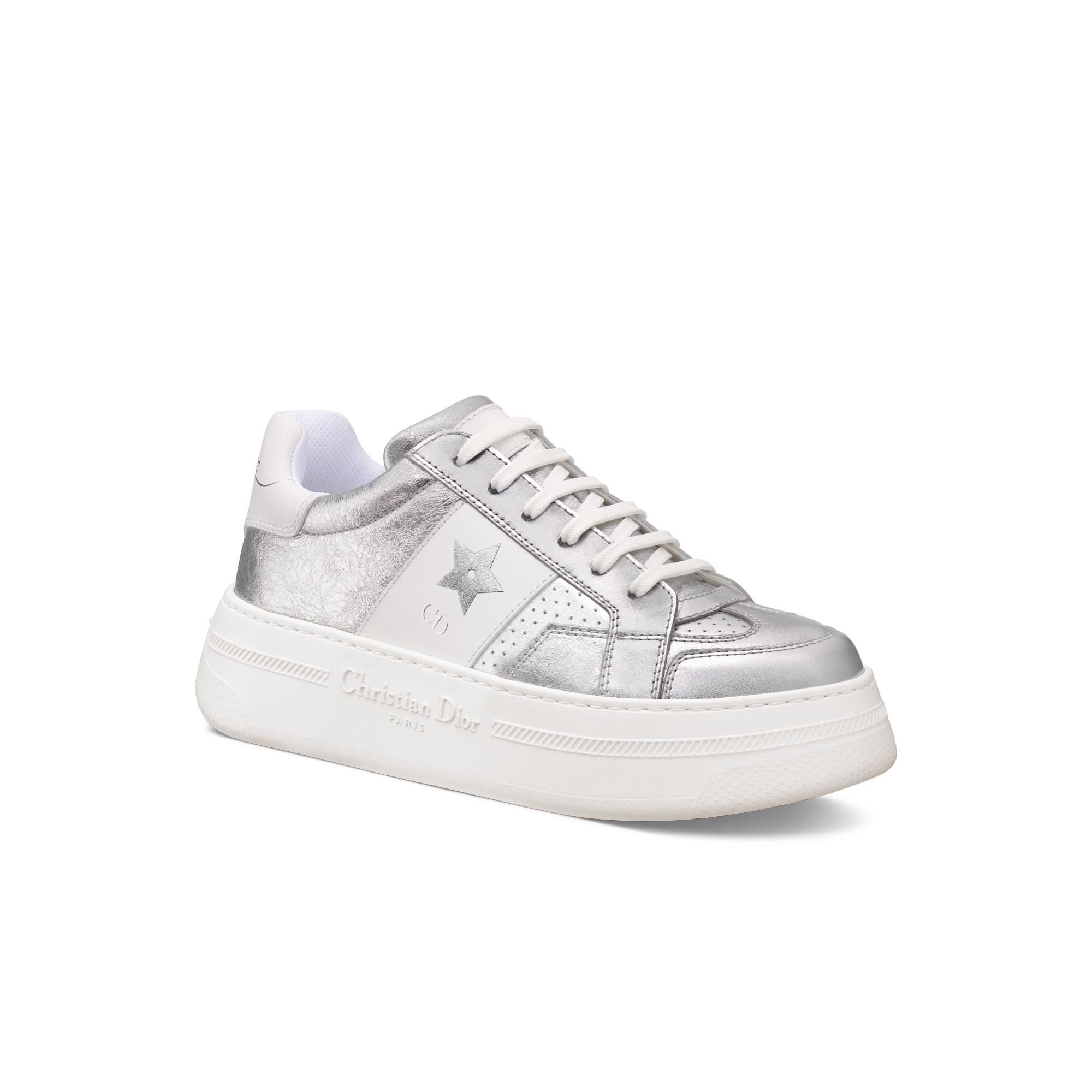 Dior Star Platform Sneaker Silver-Tone Crinkled-Effect Lambskin and White Calfskin E03
