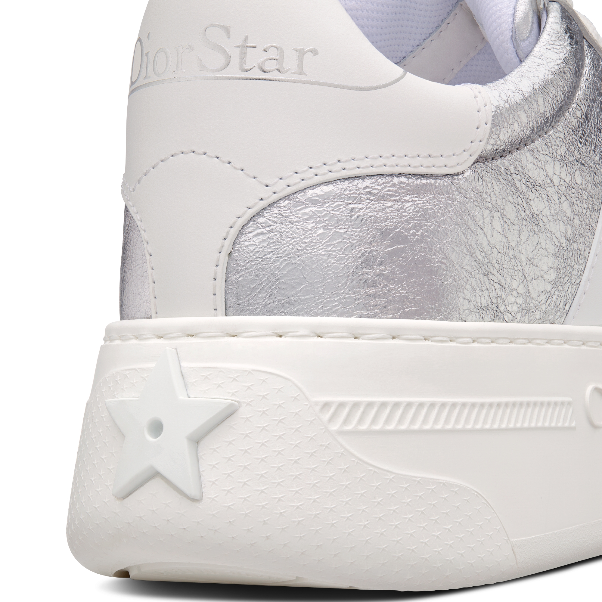Sneaker à plateforme Dior Star Cuir d'agneau argenté effet craquelé et cuir de veau blanc E09