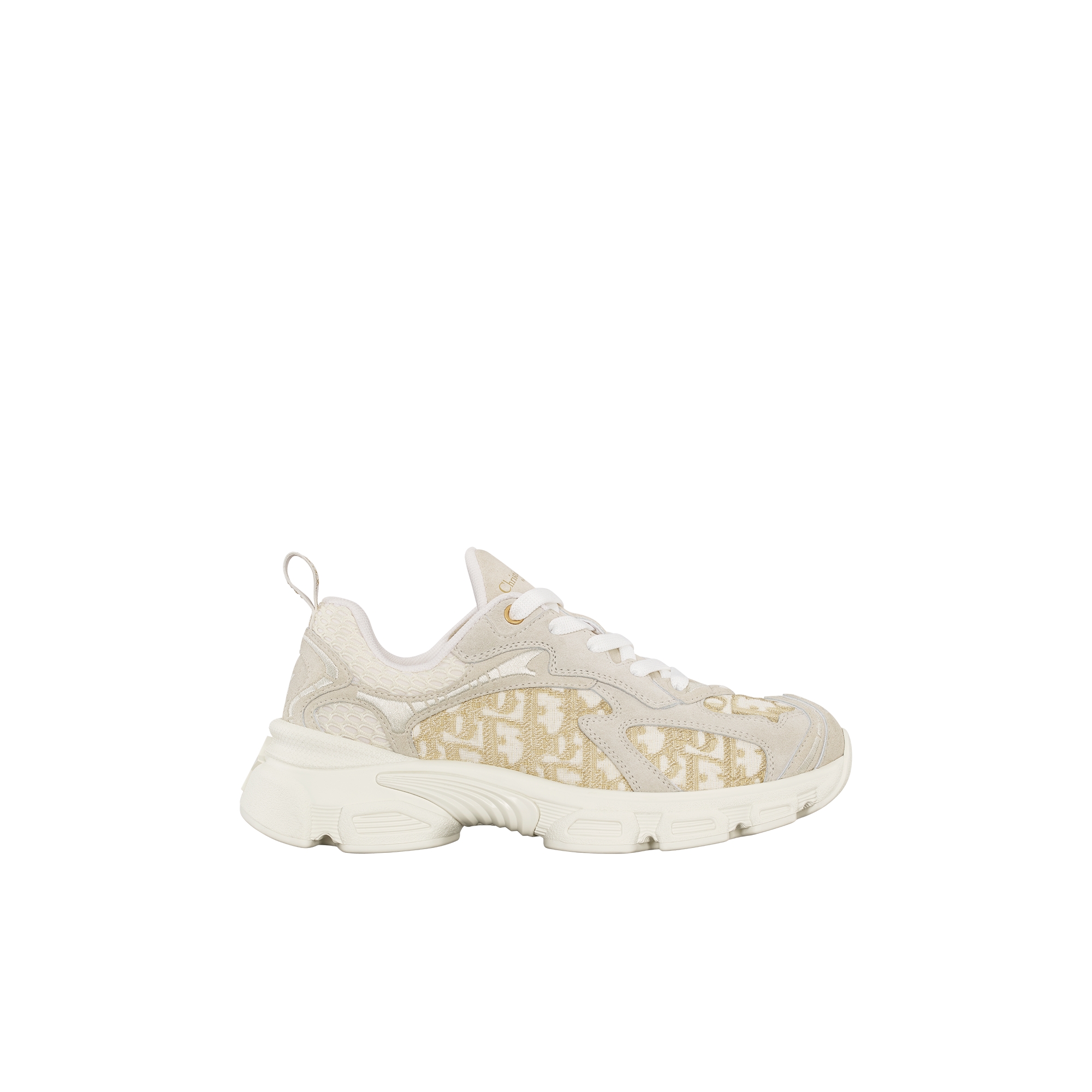 Dior Vibe Sneaker Cotton with Dior Oblique Embroidery in Gold-Tone Metallic Thread, Off-White Mesh and Gray Suede Calfskin E02