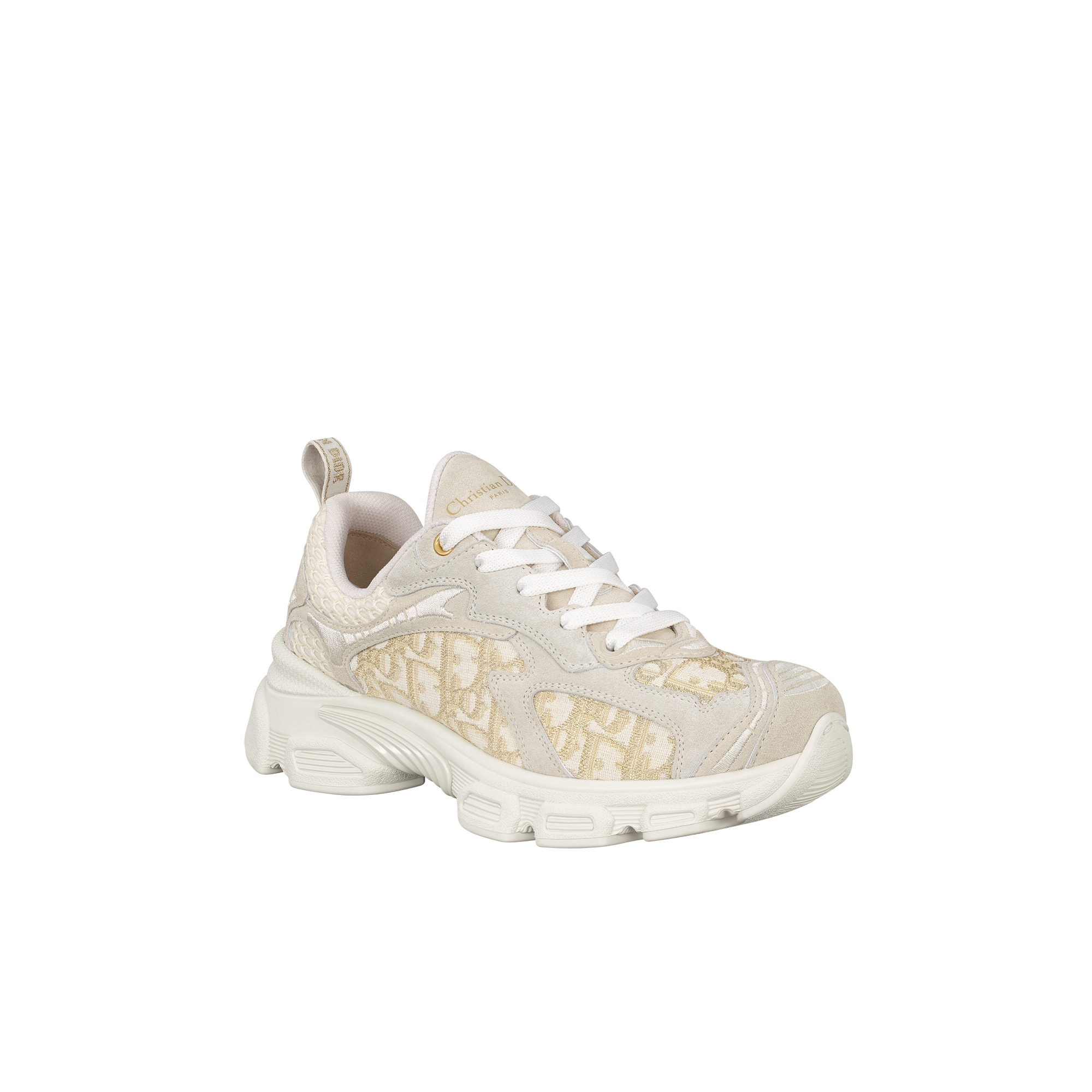 Dior Vibe Sneaker Cotton with Dior Oblique Embroidery in Gold-Tone Metallic Thread, Off-White Mesh and Gray Suede Calfskin E03