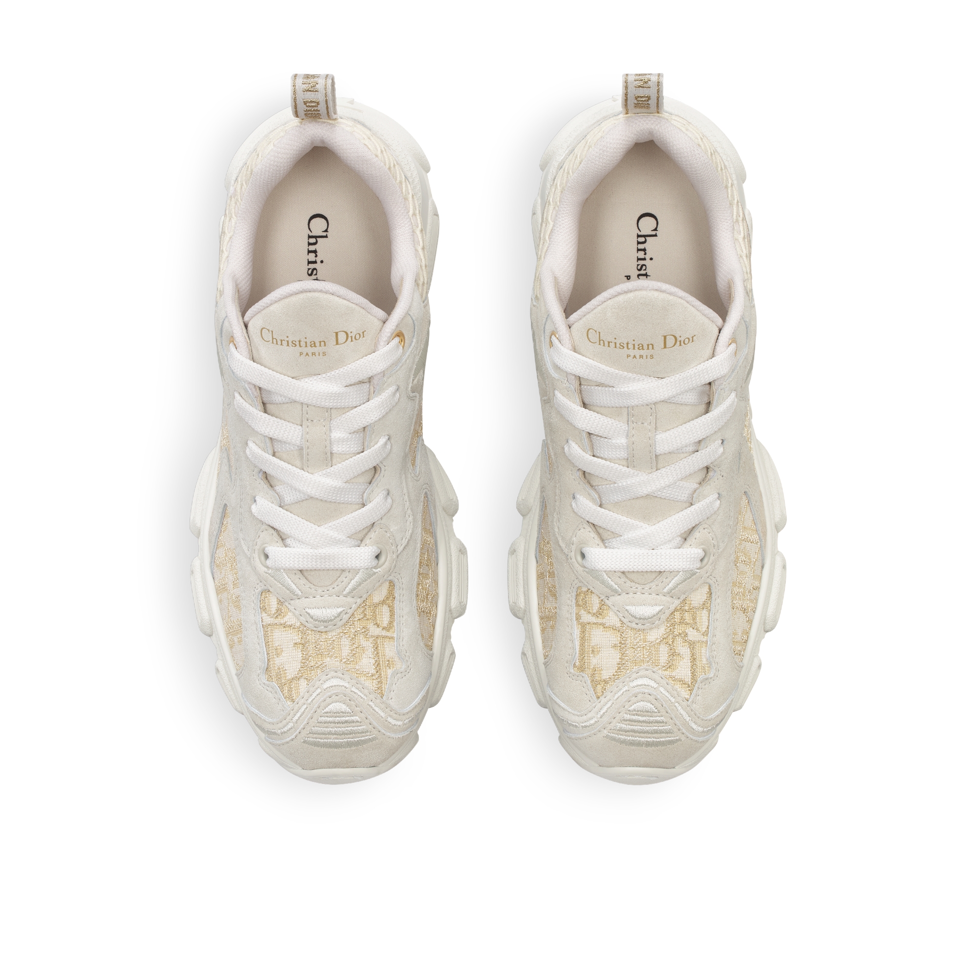 Sneaker Dior Vibe Algodão com bordado Dior Oblique em fio metálico dourado, tela off-white e couro de vitelo acamurçado cinza E06
