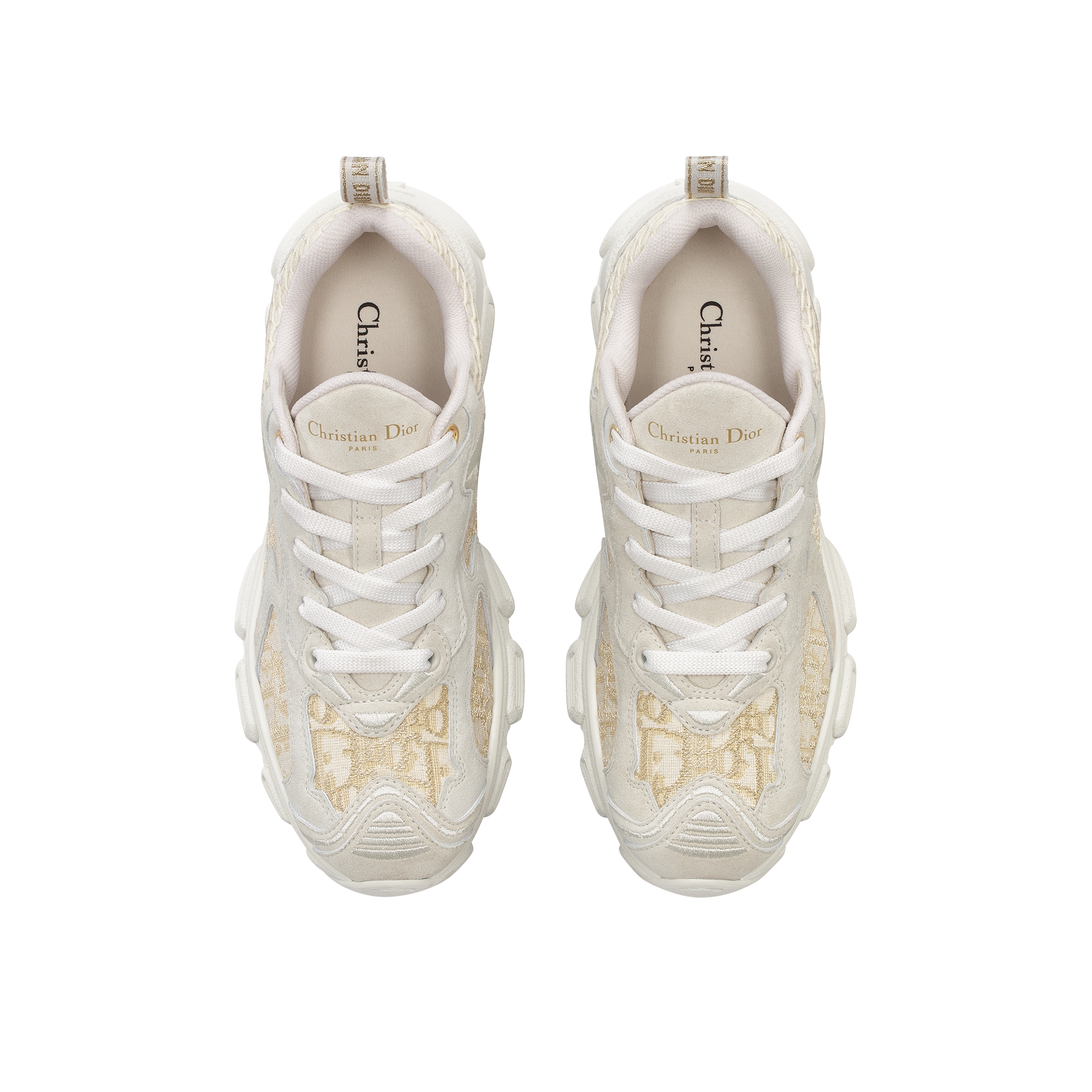 Dior Vibe Sneaker Cotton with Dior Oblique Embroidery in Gold-Tone Metallic Thread, Off-White Mesh and Gray Suede Calfskin E06