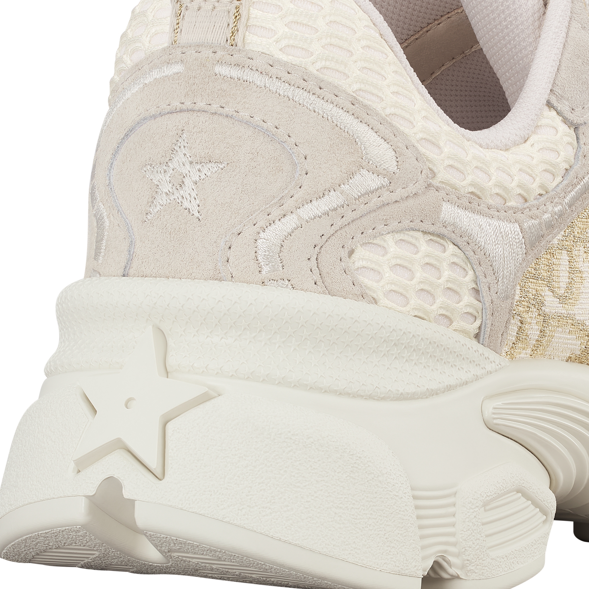 Dior Vibe Sneaker Cotton with Dior Oblique Embroidery in Gold-Tone Metallic Thread, Off-White Mesh and Gray Suede Calfskin E09