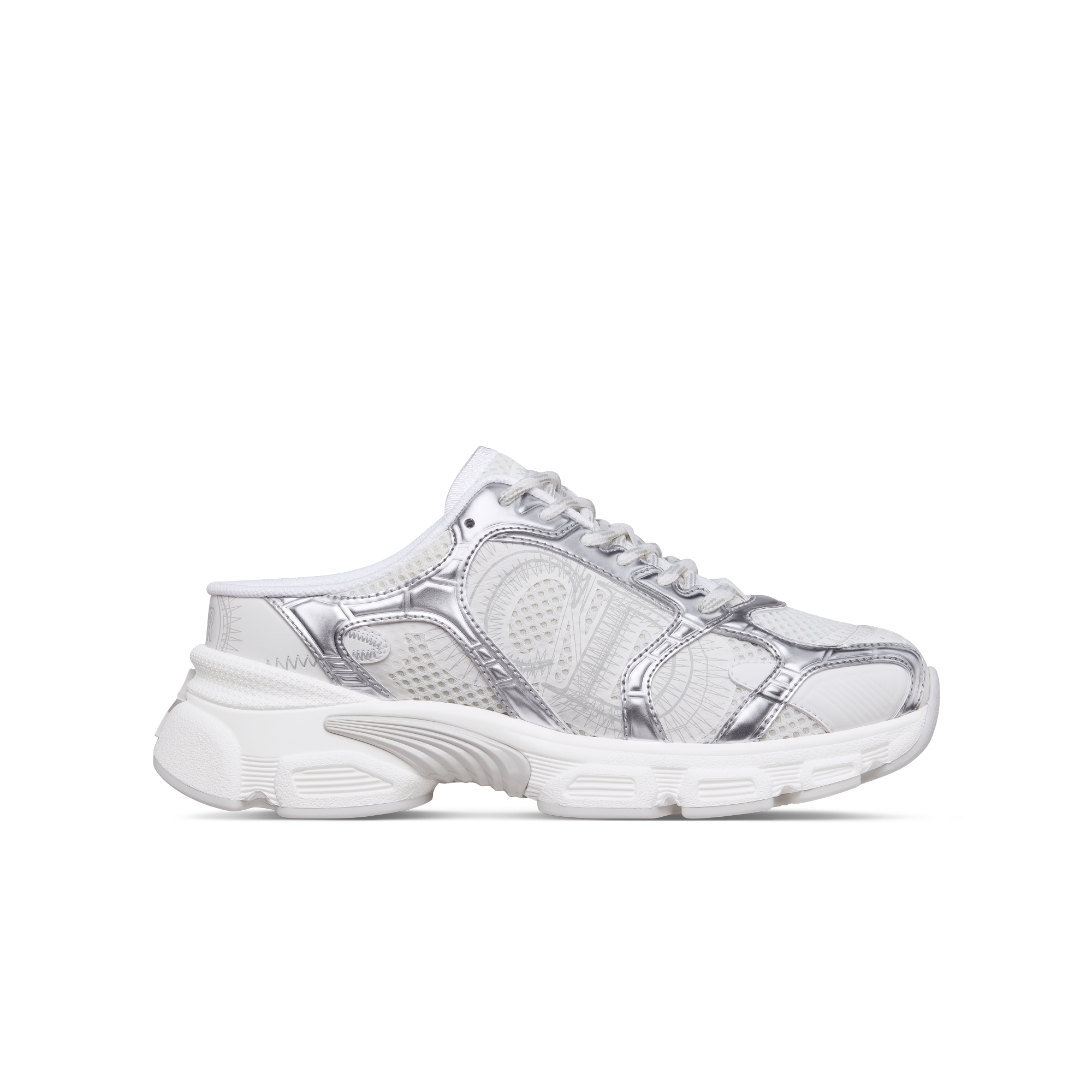 Dior Chrono Sneaker White Mesh with Silver-Tone and White Laminated Leather-Effect Panels E02