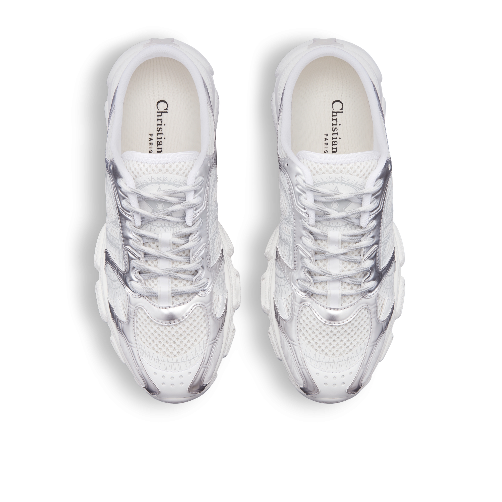 Dior Chrono 스니커즈 화이트 메시 & 실버 톤, 화이트 래미네이트 가죽-이펙트 패널 E06
