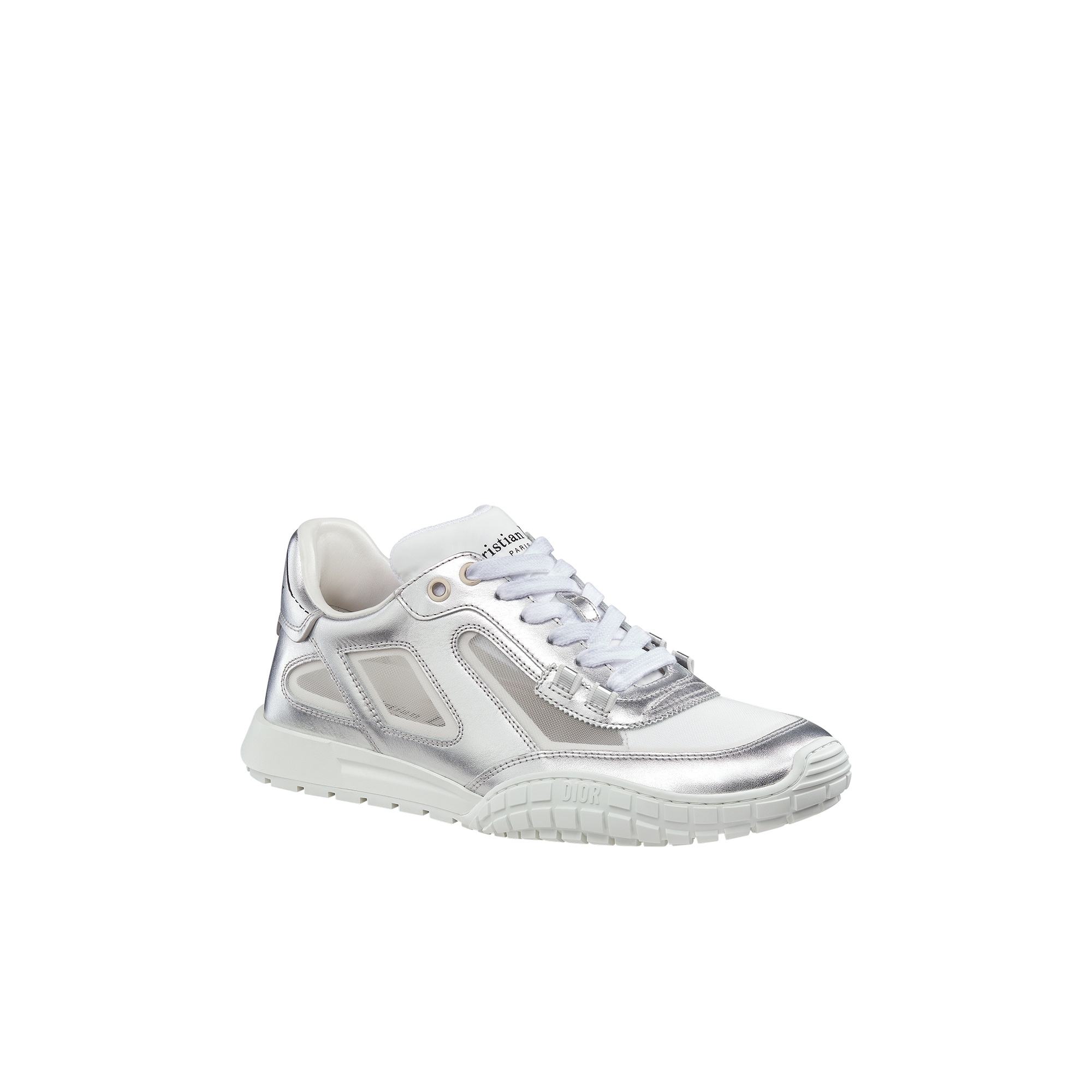 Dior Tech Sneaker Silver-Tone Laminated Grained Calfskin and Transparent Mesh E03