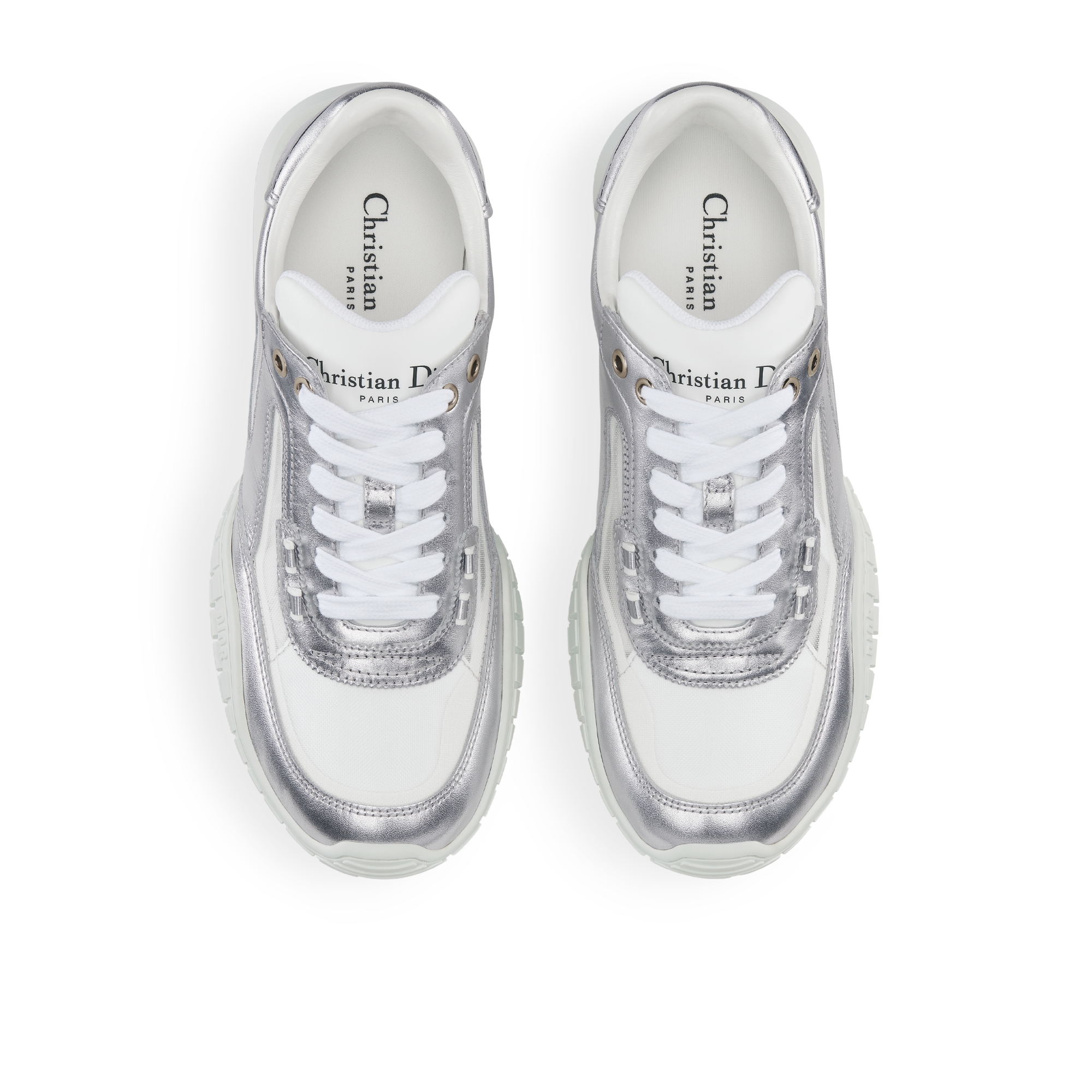 Sneaker Dior Tech Couro de vitelo granulado laminado prateado e tela transparente E06