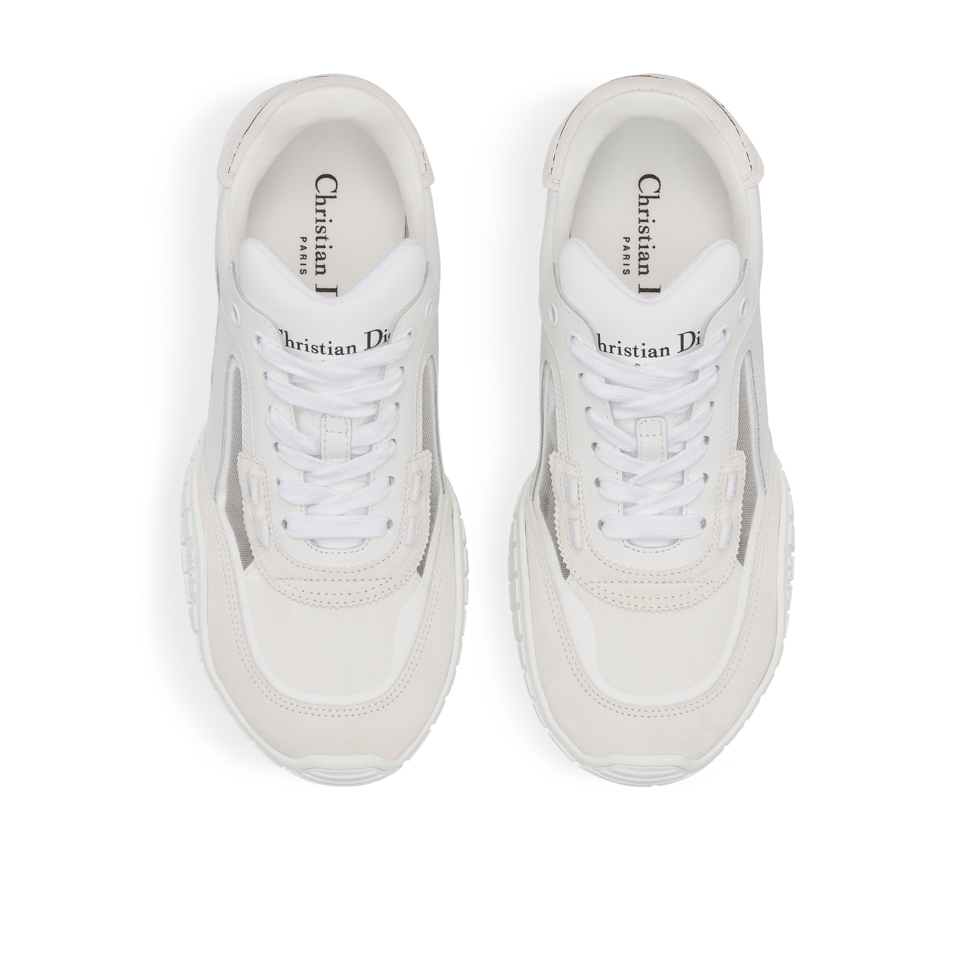 Sneaker Dior Tech Couro de vitelo branco com couro de vitelo acamurçado bege-claro e tela transparente E06