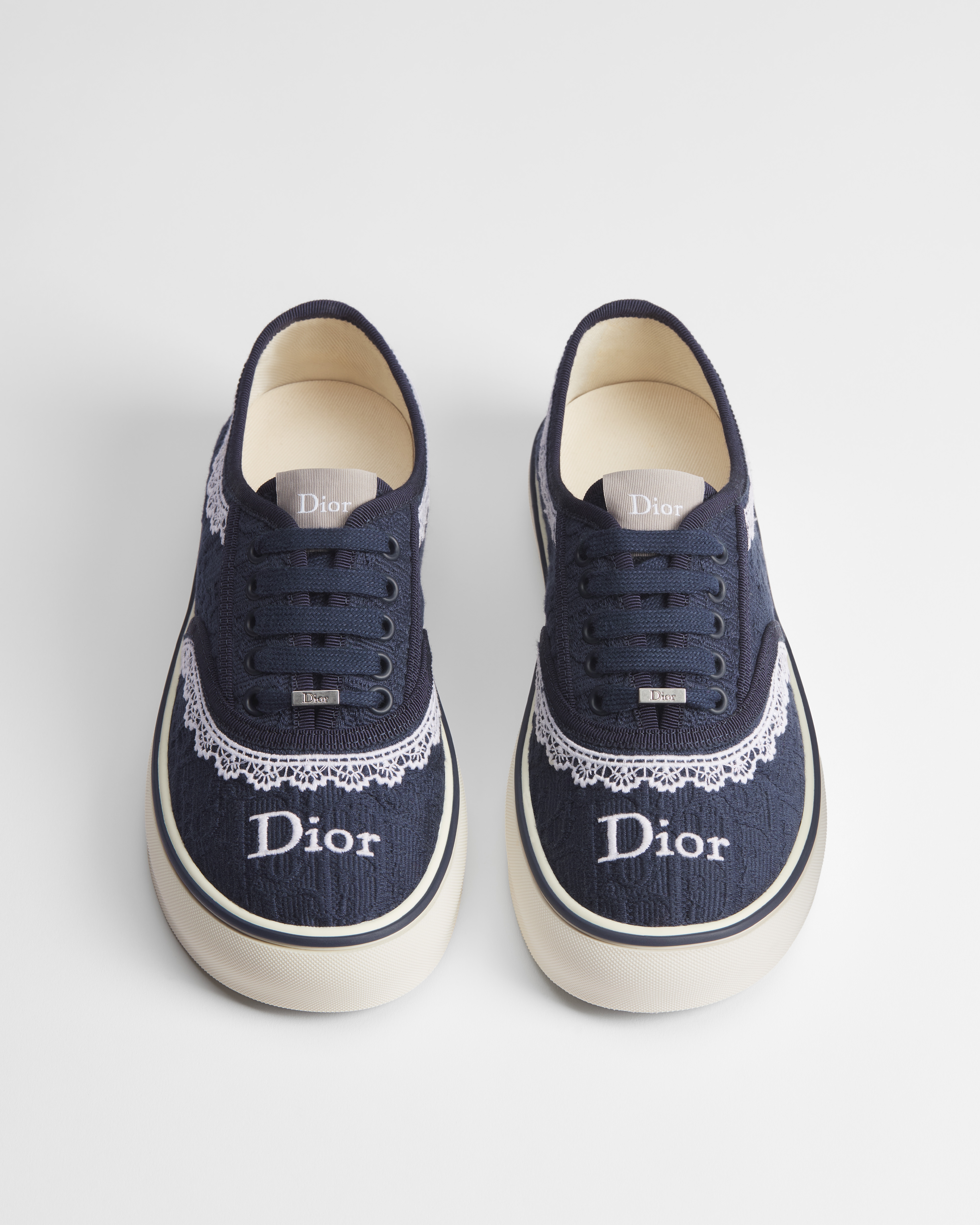 Sneaker Dior Saltwind Algodón bordado Dior Oblique azul y encaje color crudo E06