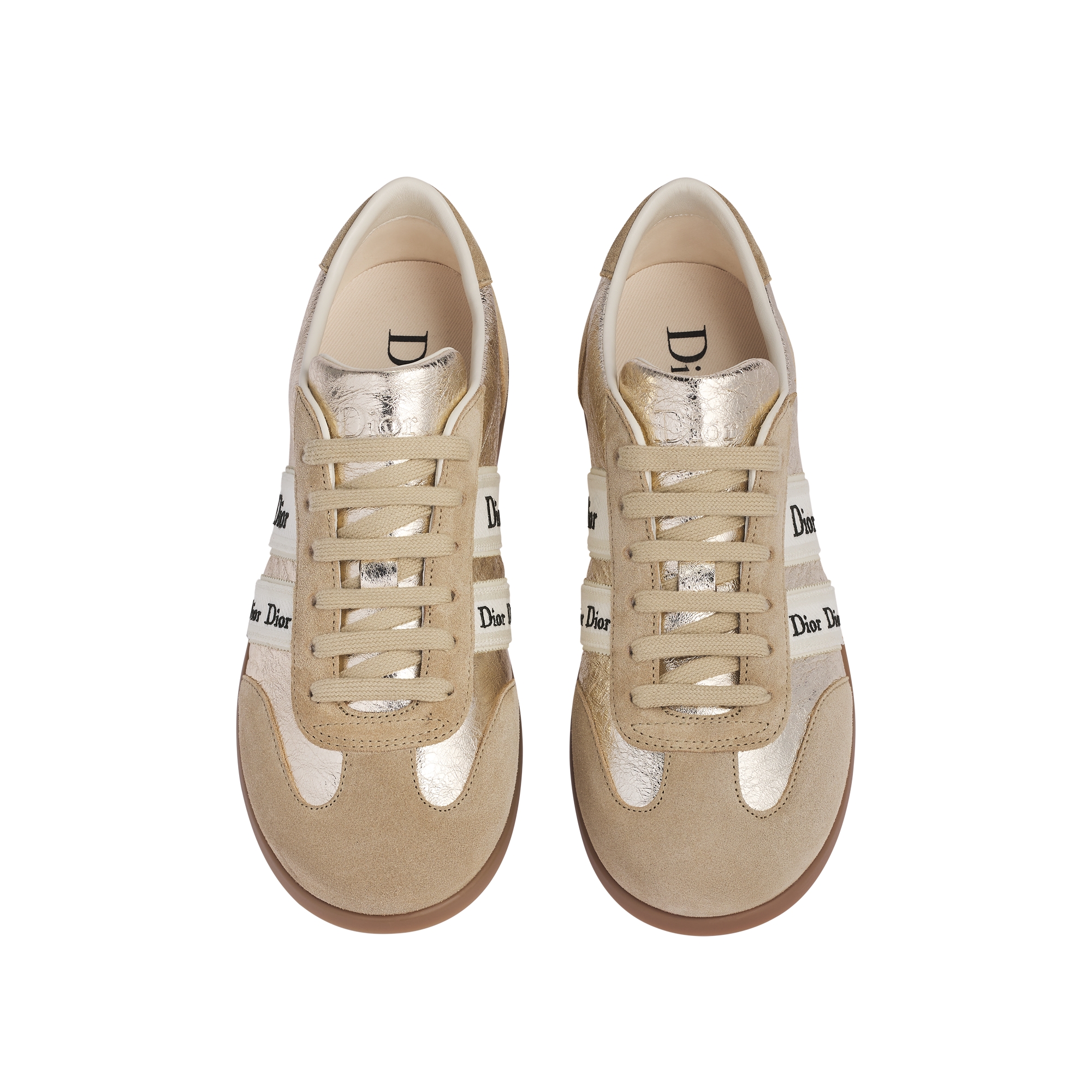 Dior Ribbon Sneaker Beige Suede Calfskin and Gold-Tone Crinkled Laminated Lambskin E06