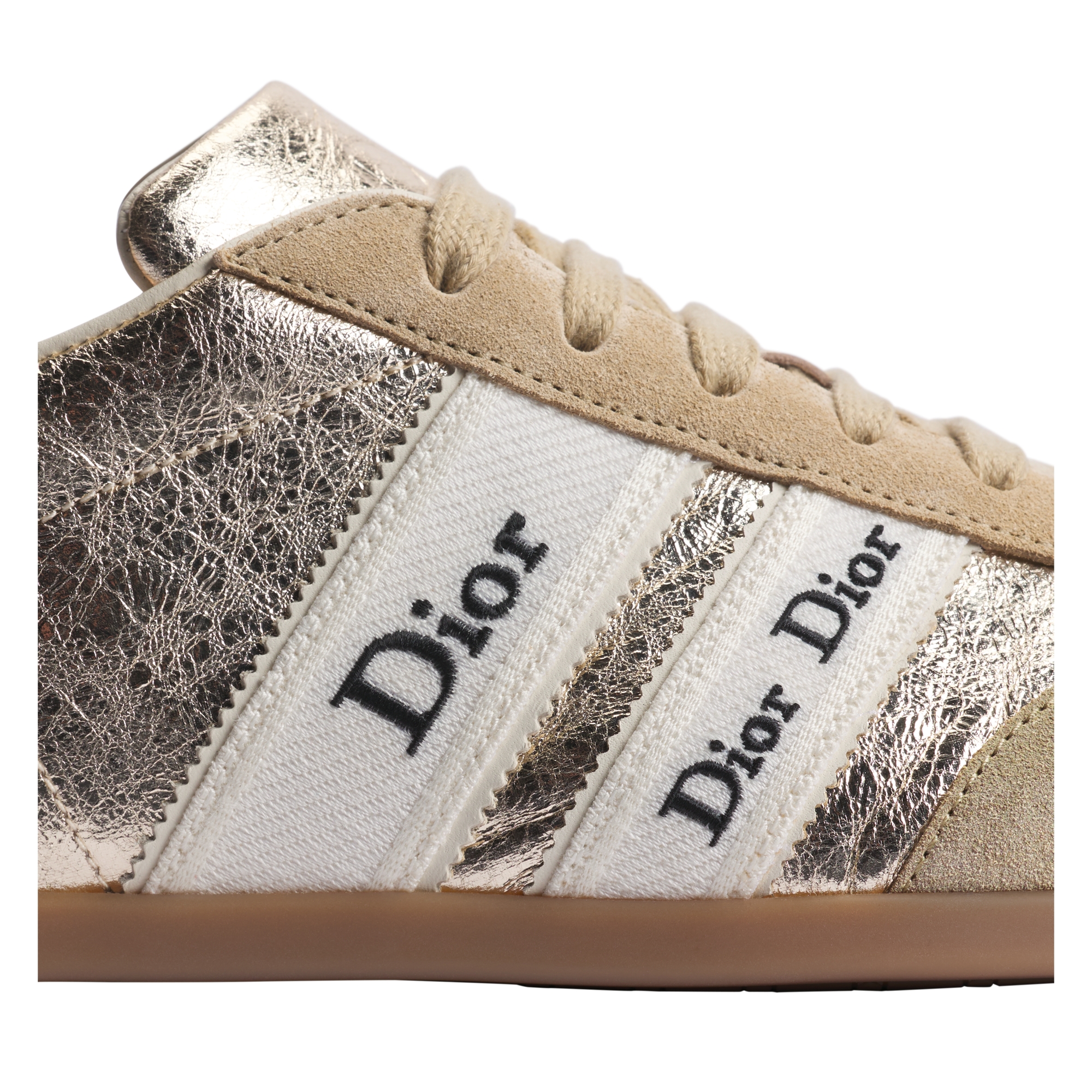 Dior Ribbon Sneaker Beige Suede Calfskin and Gold-Tone Crinkled Laminated Lambskin E09