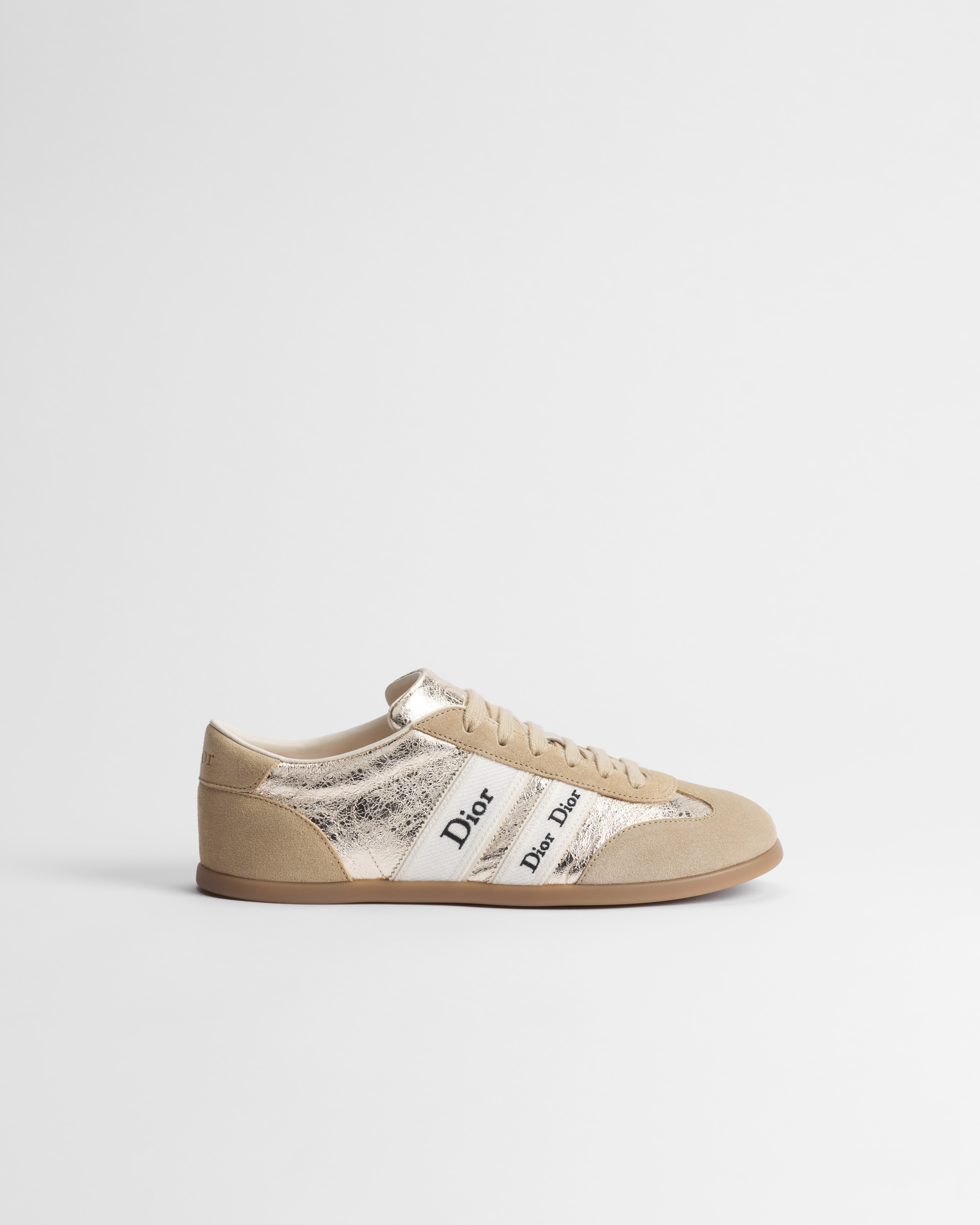 Sneaker Dior Ribbon Veau velours beige et cuir d'agneau laminé craquelé doré E02