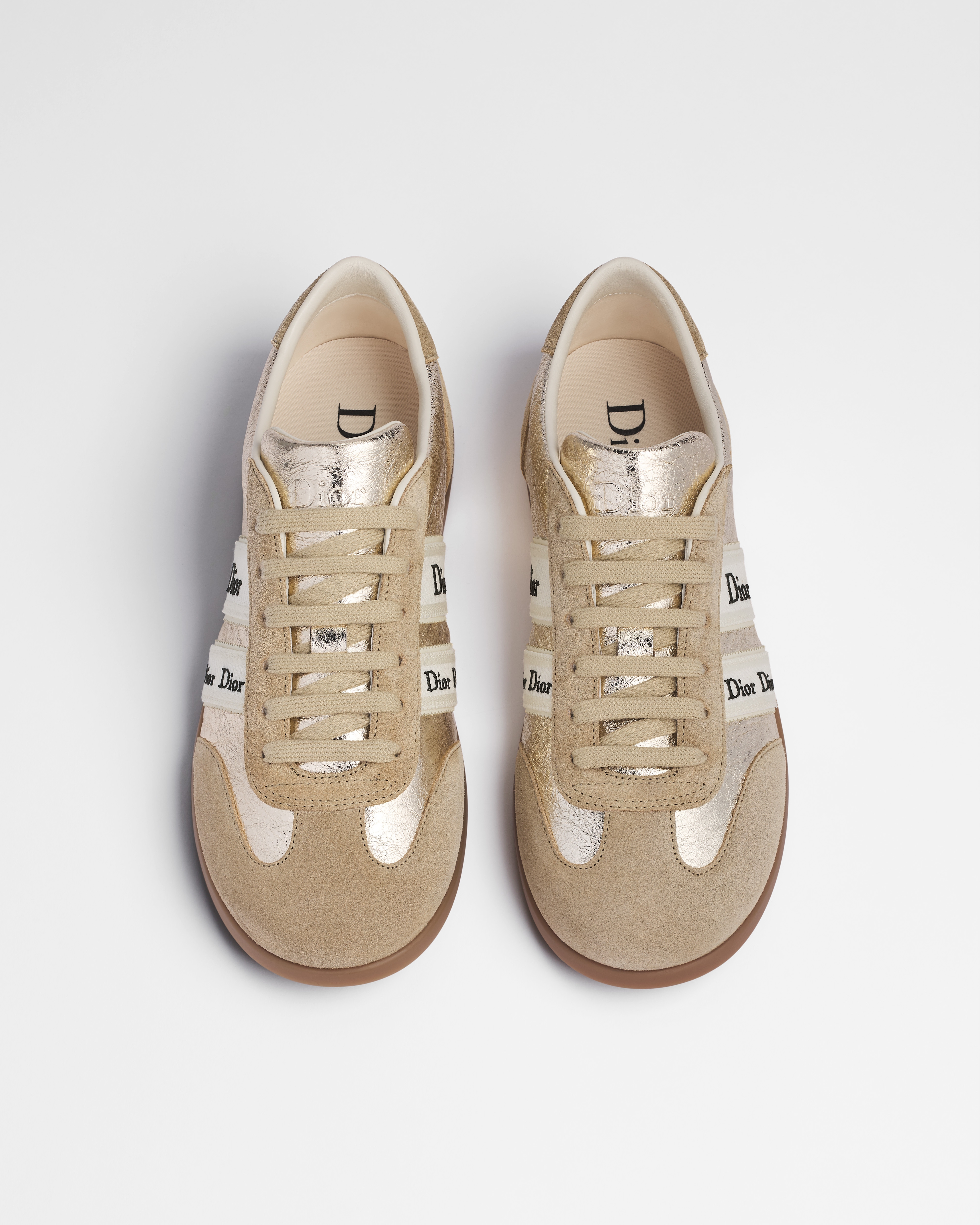 Sneaker Dior Ribbon Veau velours beige et cuir d'agneau laminé craquelé doré E06