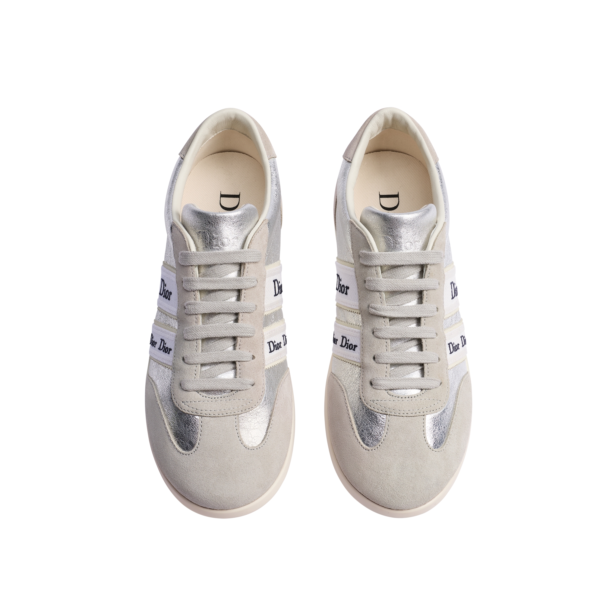 Dior Ribbon Sneaker Gray Suede Calfskin and Silver-Tone Crinkled Laminated Lambskin E06