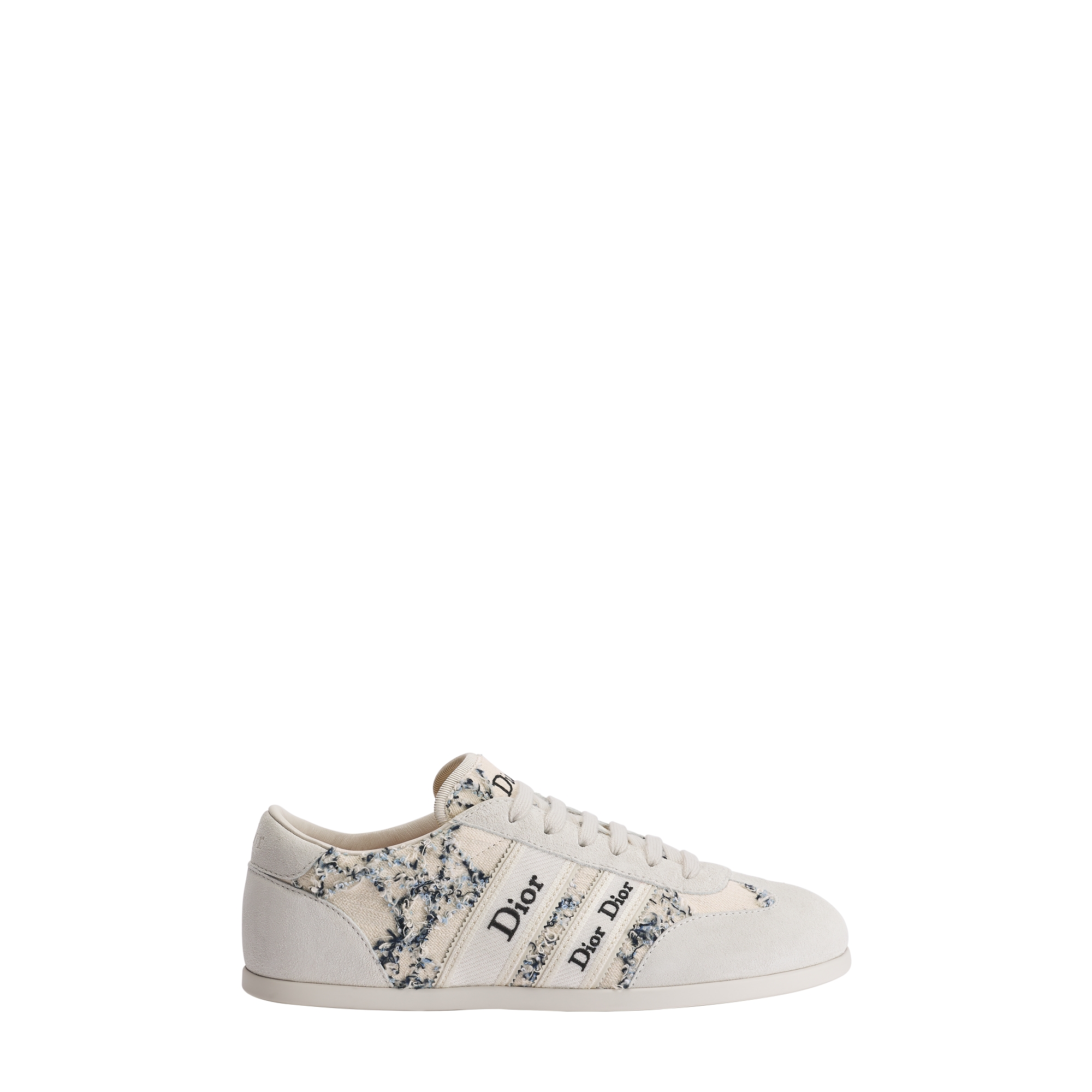 Dior Ribbon Sneaker White Suede Calfskin with White and Blue Cannage Cotton Bouclé E02