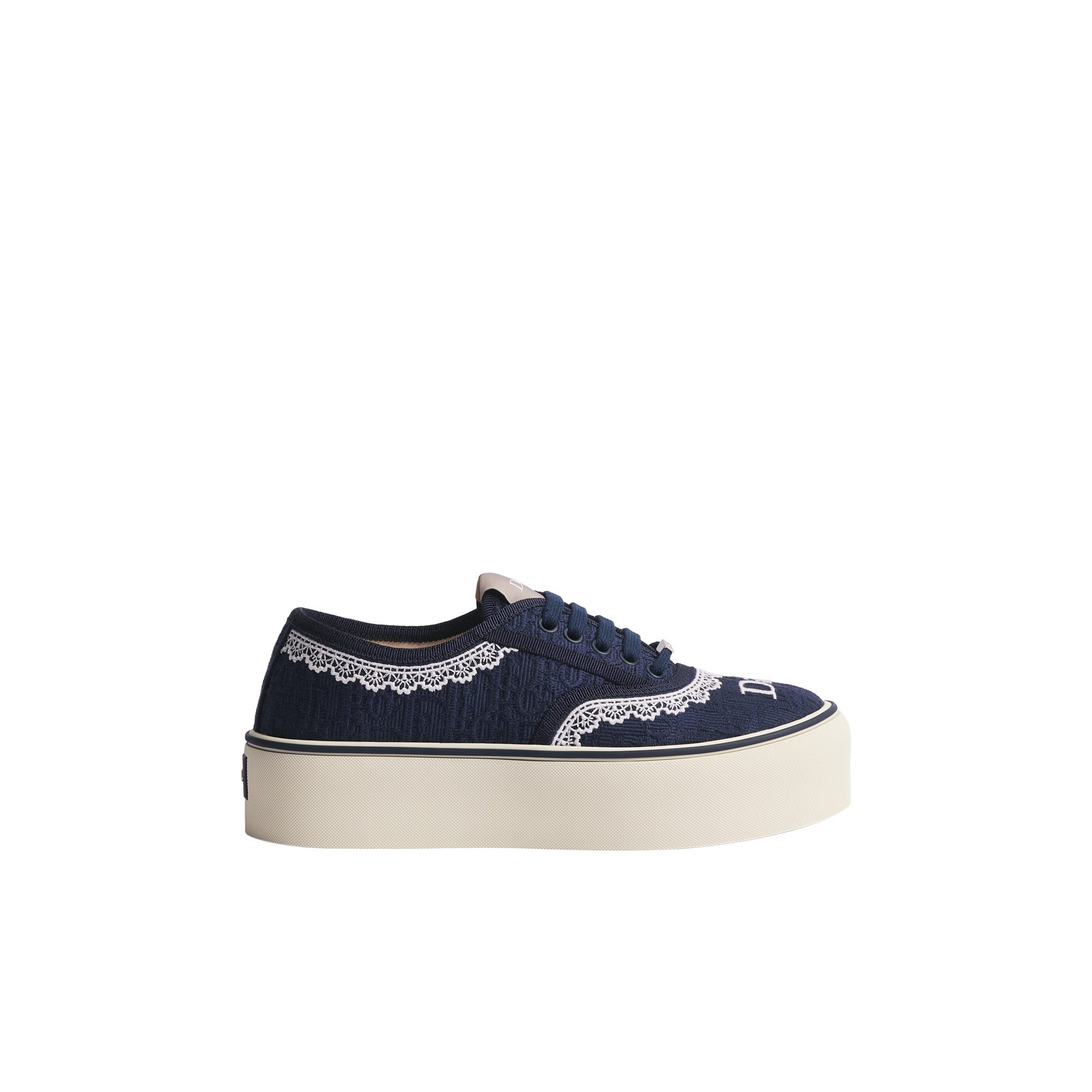 Dior Saltwind Platform Sneaker Blue Dior Oblique Embroidered Cotton and White Lace E02