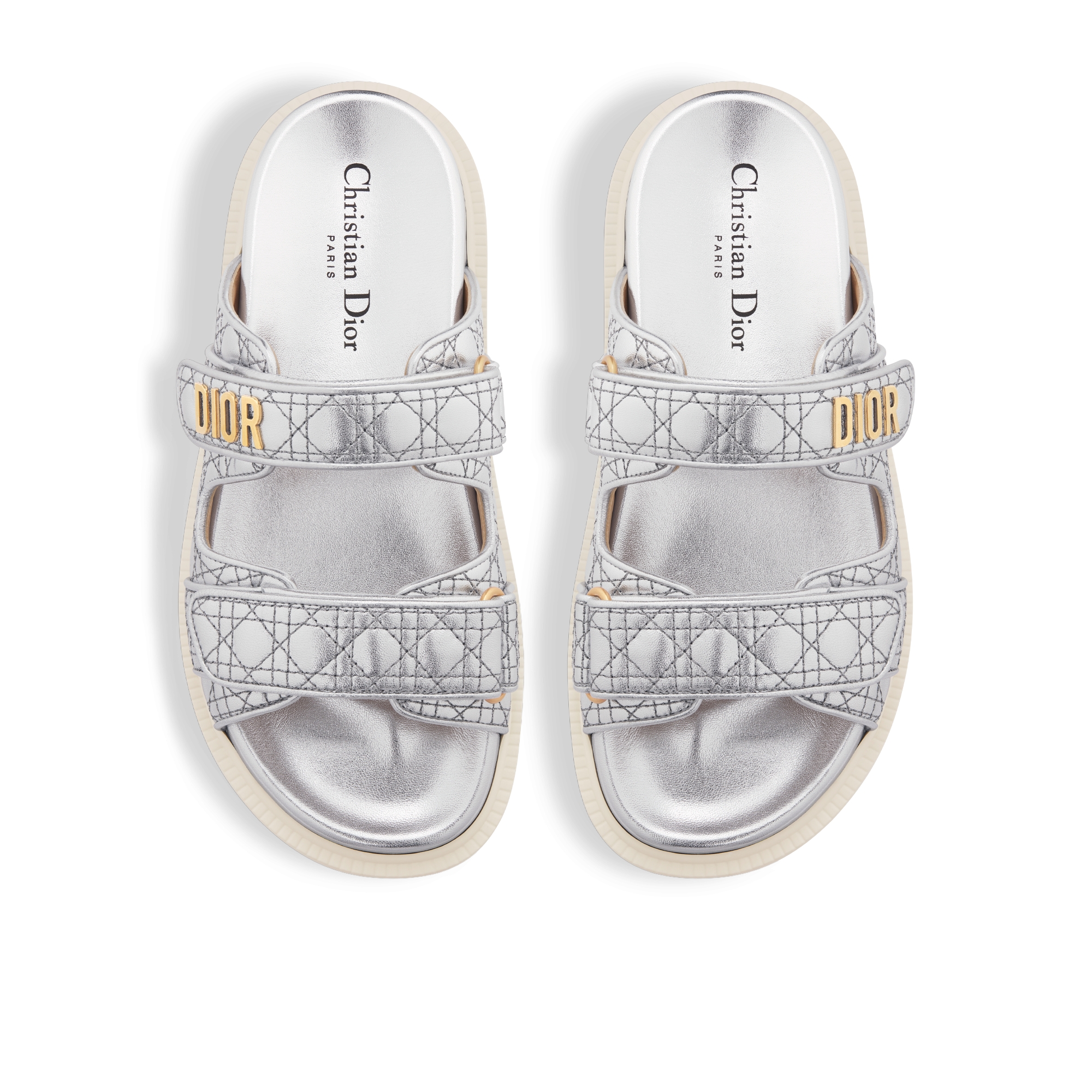 Slide Dior Or Dioract Pele de ovelha laminada prateada com motivo Cannage acolchoado E06