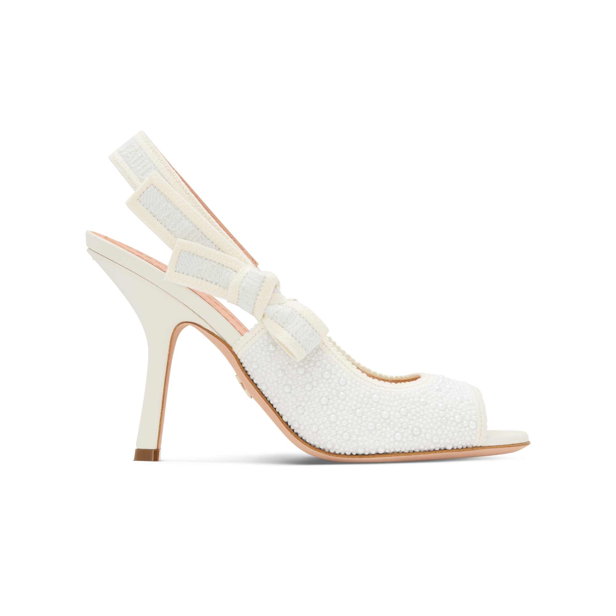 J'Adior Heeled Slingback Sandal Embroidered Cotton and White Resin Pearls E02