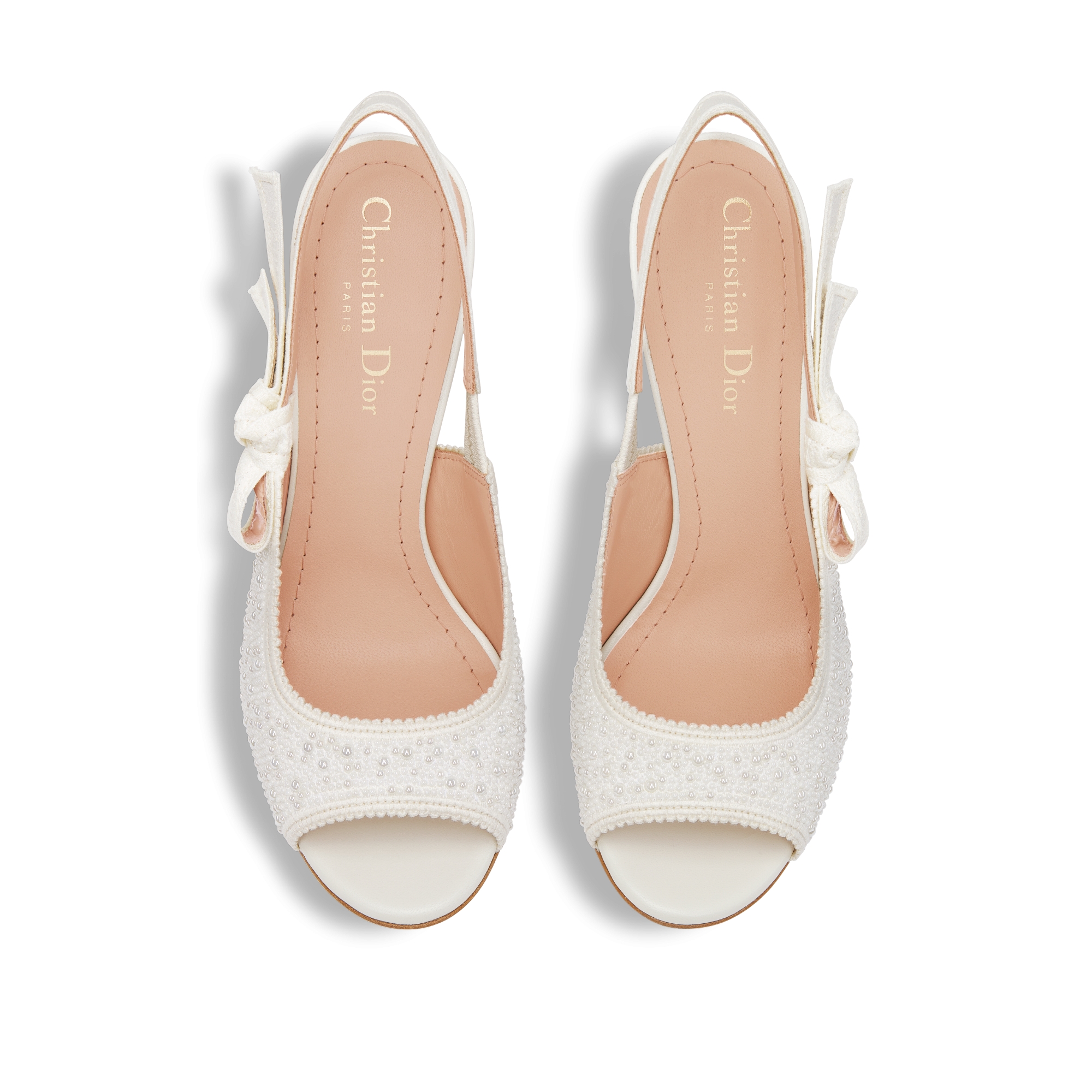 J'Adior Heeled Slingback Sandal Embroidered Cotton and White Resin Pearls E06