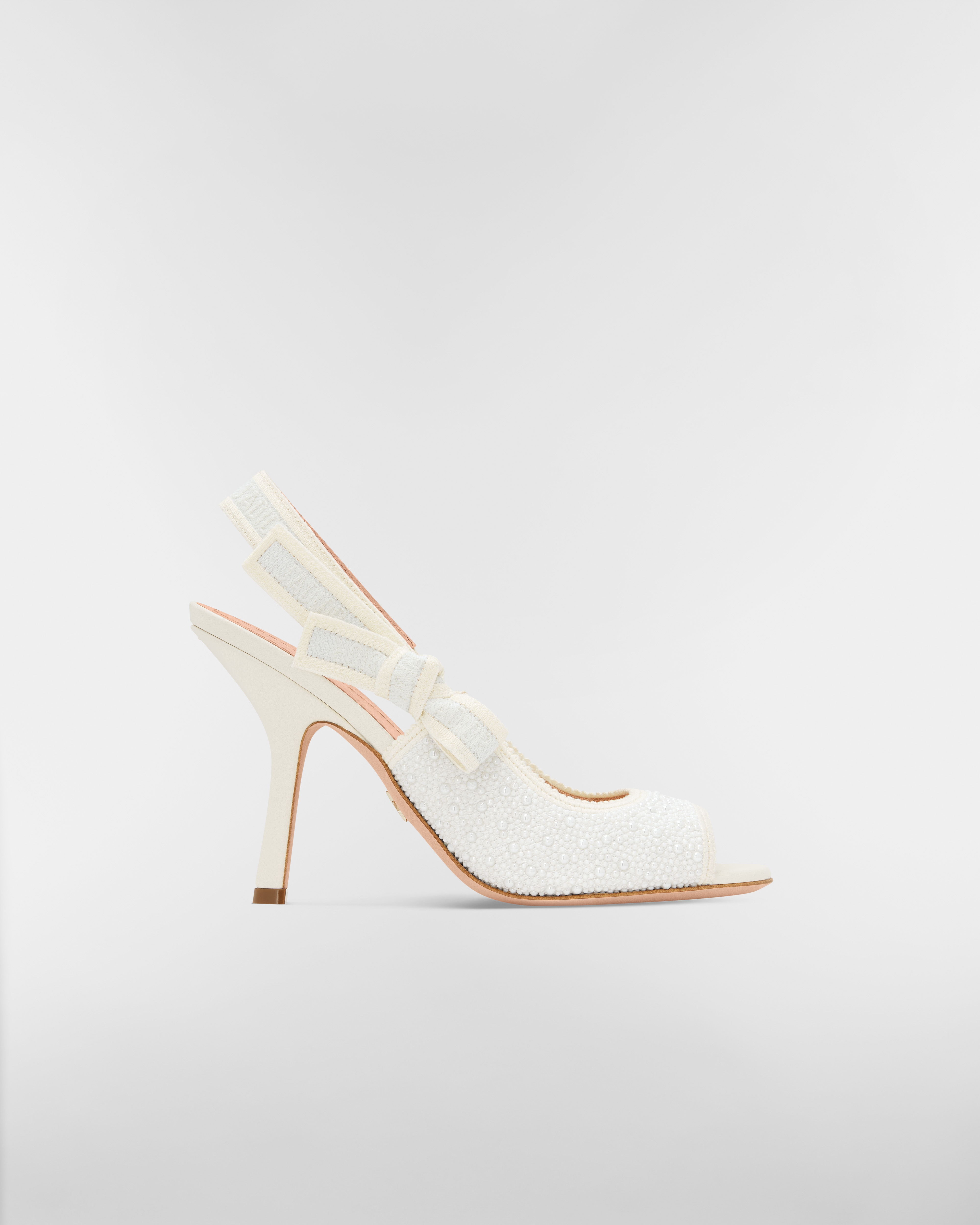 J'Adior Heeled Slingback Sandal Embroidered Cotton and White Resin Pearls E02