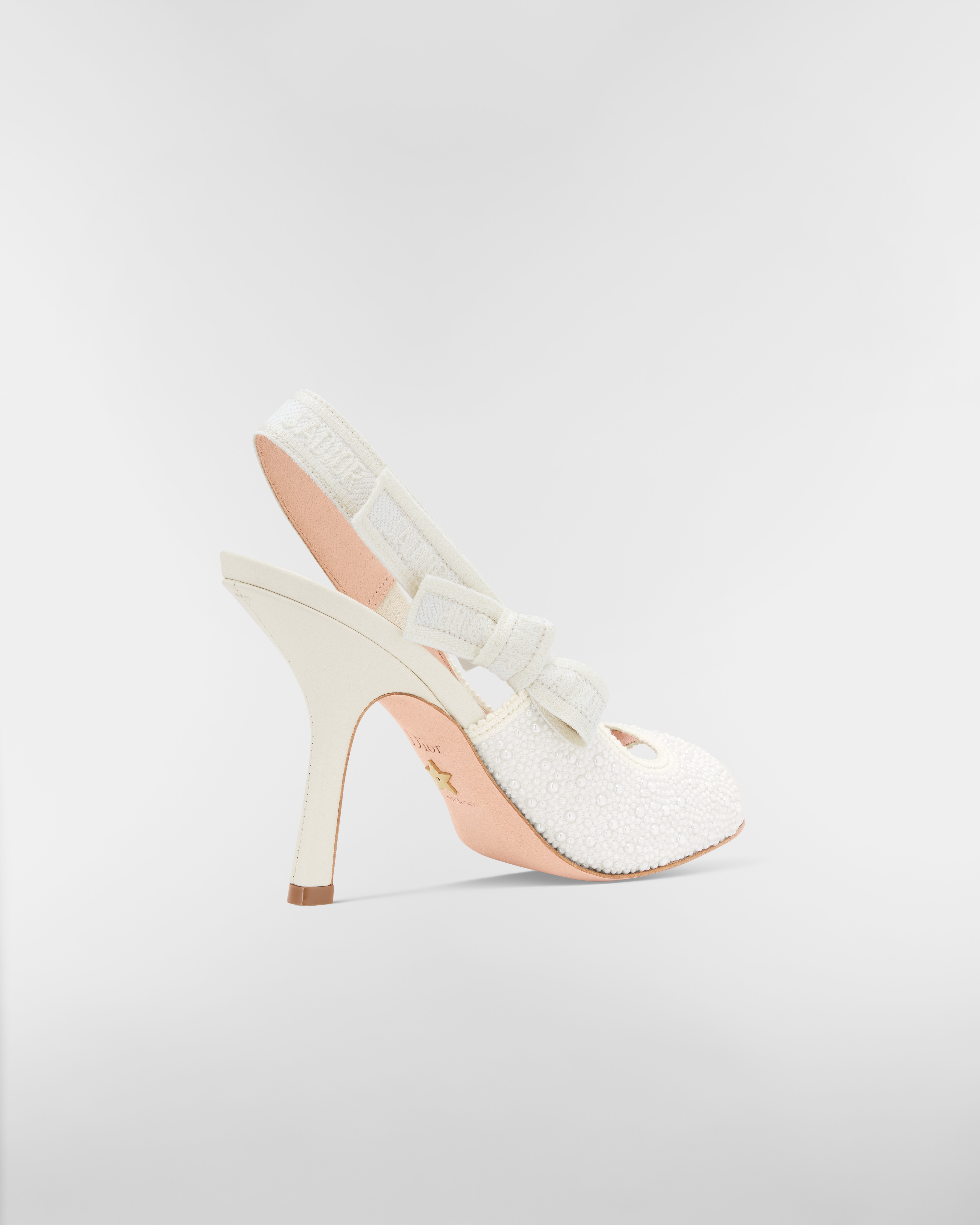 J'Adior Heeled Slingback Sandal Embroidered Cotton and White Resin Pearls E05