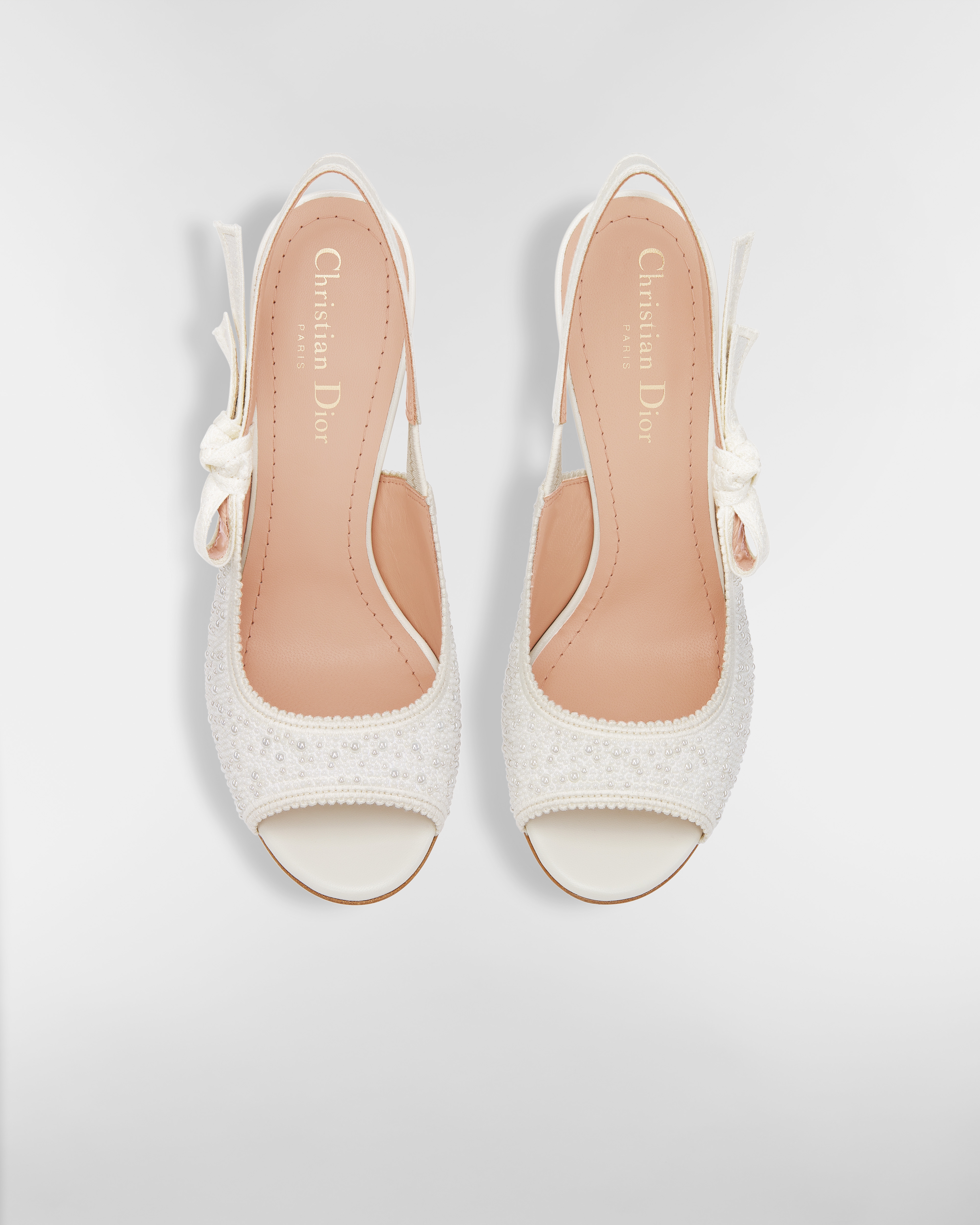 J'Adior Heeled Slingback Sandal Embroidered Cotton and White Resin Pearls E06
