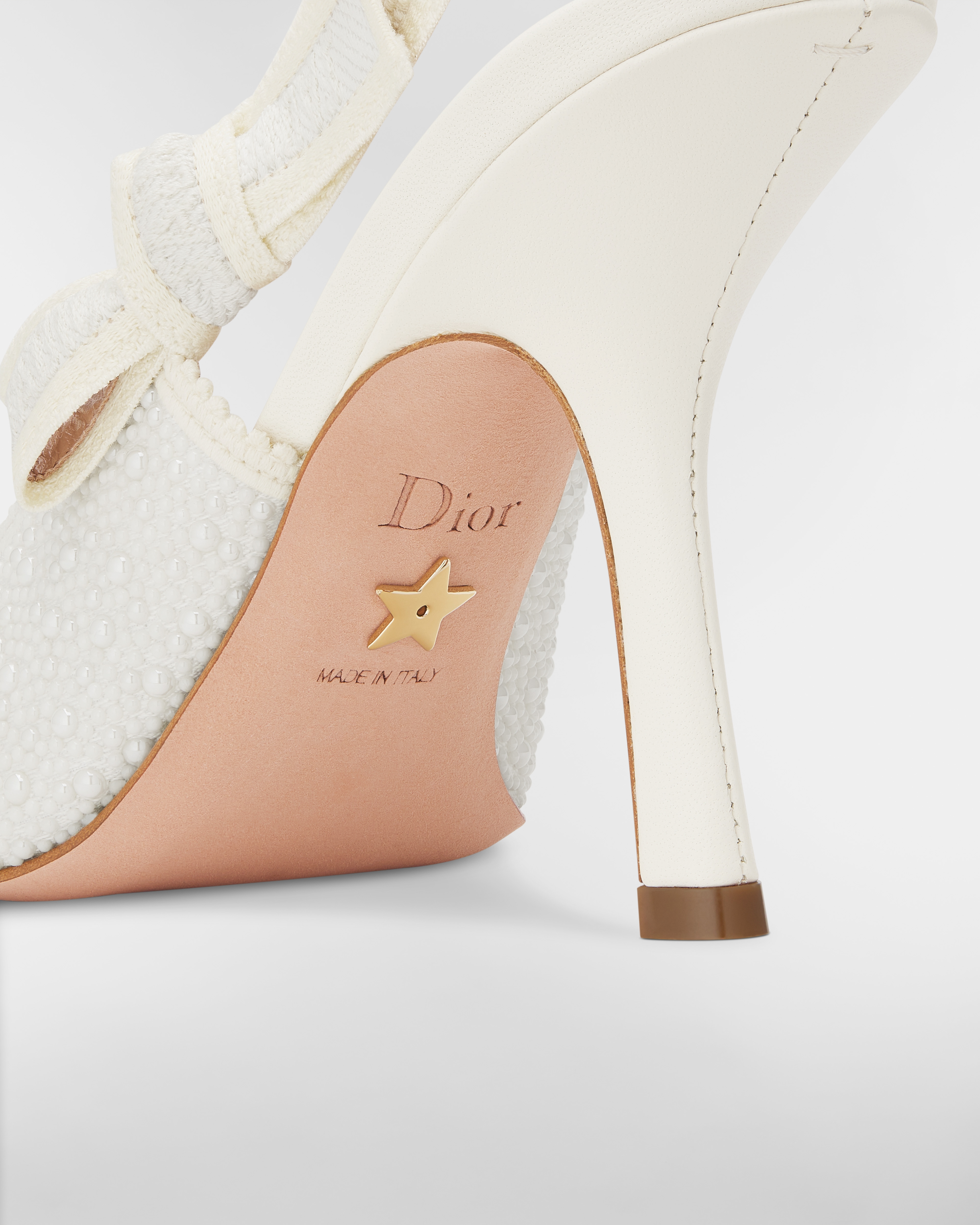 J'Adior Heeled Slingback Sandal Embroidered Cotton and White Resin Pearls E09