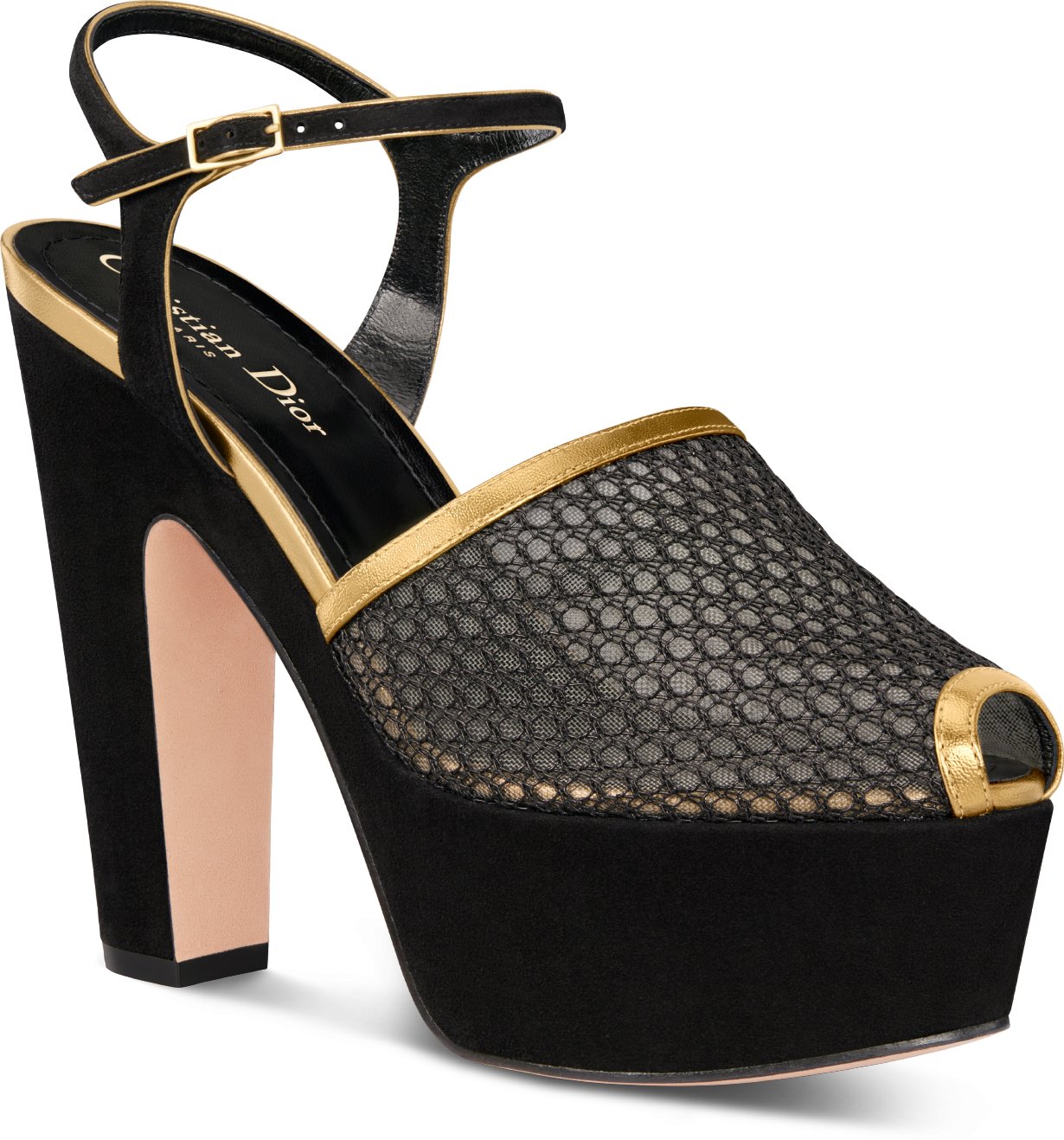 Muse Dior Heeled Sandal Black Mesh with Gold Tone Laminated Lambskin DIOR