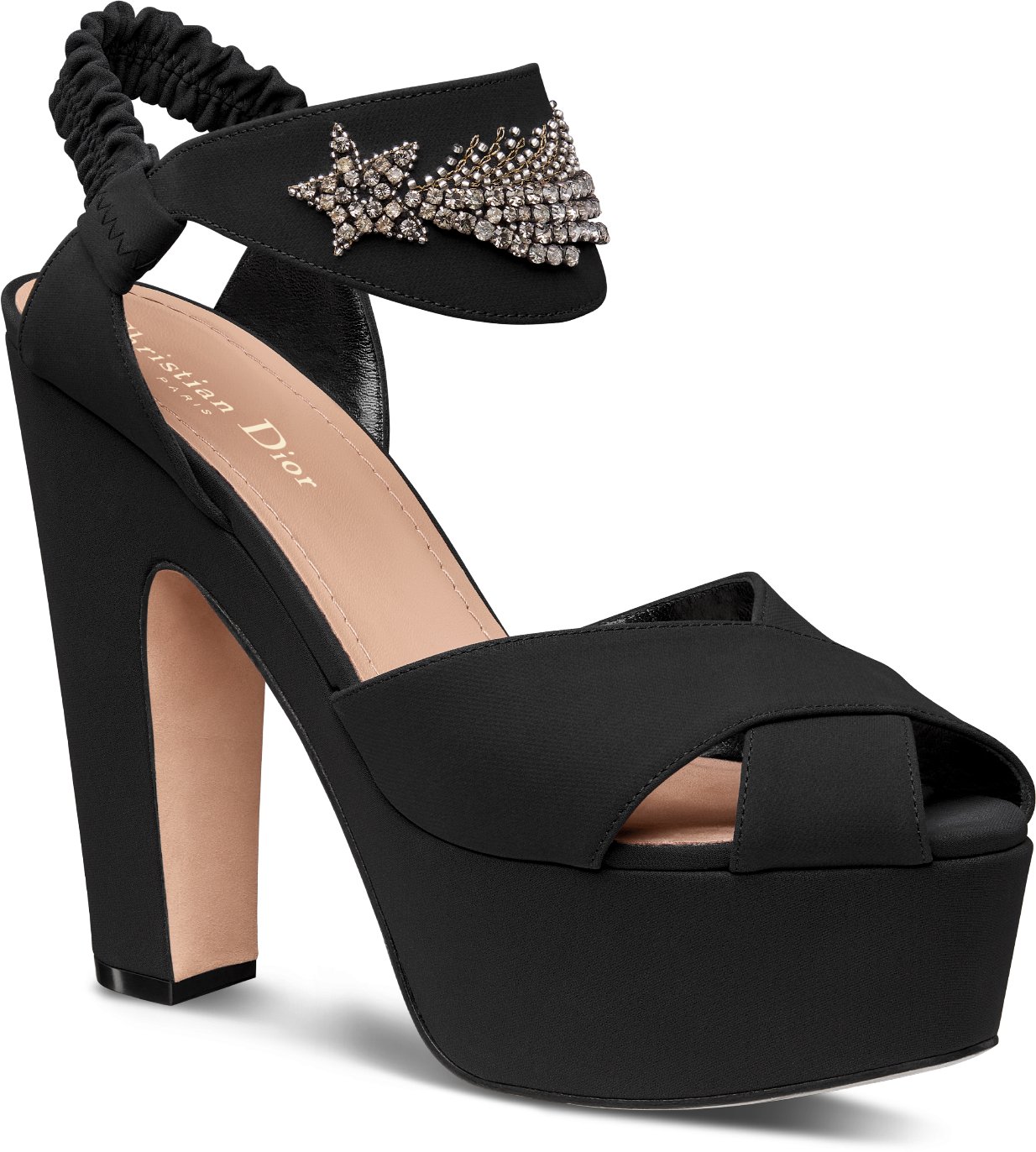 Muse Dior Heeled Sandal Black Fabric Embroidered with Shooting Star Motif in Silver Tone Strass and Metallic Gold Tone Thread DIOR